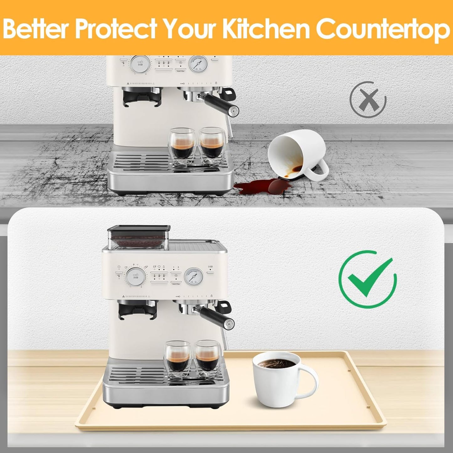 TOHONFOO Silicone Coffee Maker Mat with Lip, 19.7'' x 15'' Heavy Duty Coffee Maker Mat for Countertops, Coffee Tray Fit Under Coffee Machine Appliance Automatic Machines Espresso Accessory, Beige