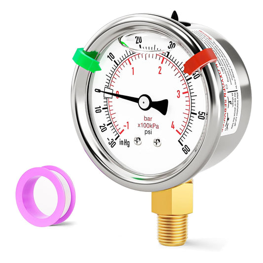 '-30inHG-60PSI Stainless Steel Liquid Filled Pressure Gauge, 2.5" Dial Size, 1/8" NPT Lower Mount, for Tube, Water Pump, Gas, Liquid, Pressure Test (with Range Mark Pointer)