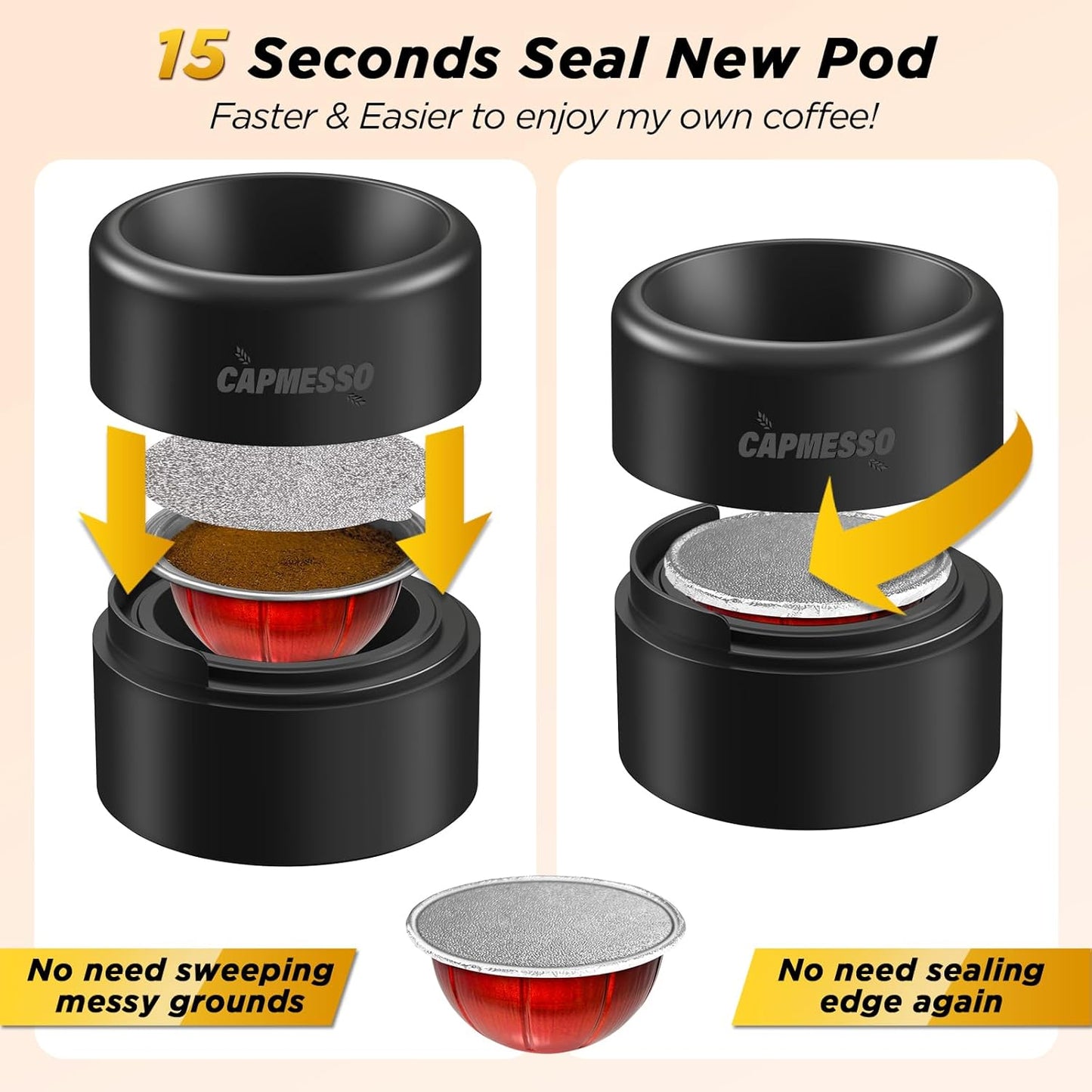 CAPMESSO Reusable Vertuoline Pod Refill Kit, 2024 Innovative for Faster Seal Reusable Vertuoline Pods with Fill & Press Brush,50pcs Aluminum Lids for Vertuoline Pod (50 Lids+1 Holder+1 Scoop)-NO PODS