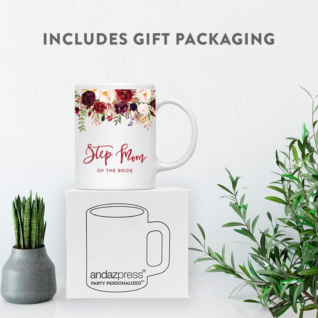 Andaz Press 11oz. Wedding Ceramic Coffee Tea Mug Gift, Fall Autumn Marsala Burgundy Flowers Roses Florals, Step Mom of the Bride, 1-Pack, Includes Gift Box