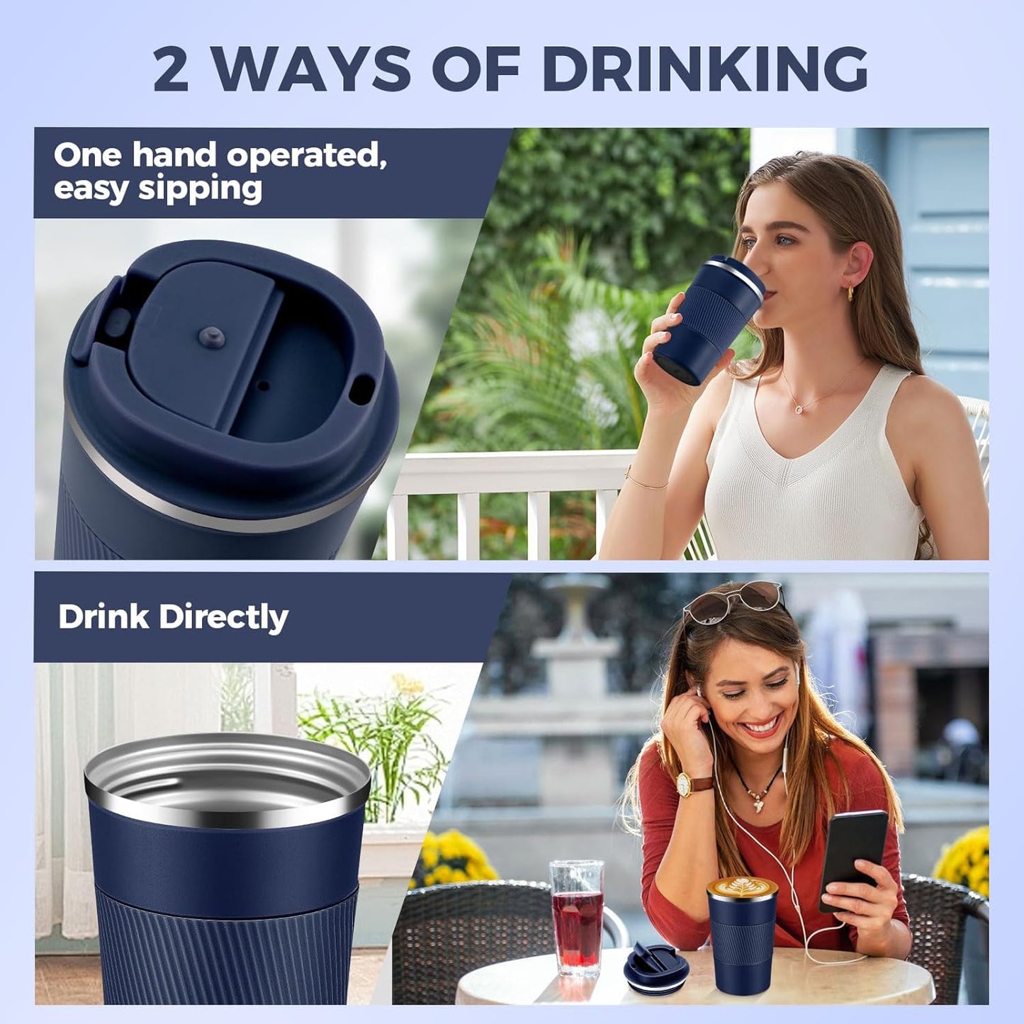 Volhoply 13 oz Stainless Steel Insulated Travel Coffee Mug with Fip Lid Bulk 8 Pack,Reusable Double Wall Vacuum Metal Coffee Cup,Portable Leak Proof Thermal Tumbler for Hot & Cold Drinks(Navy,8)