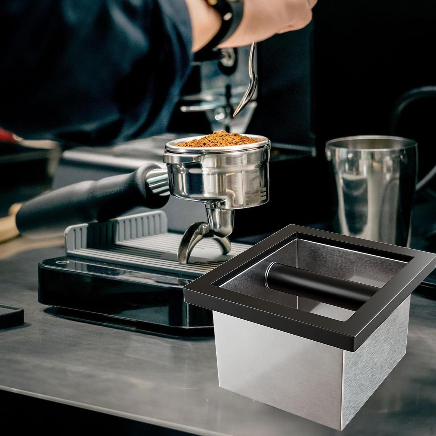 Bottomless Knock Box Espresso, Embedded Coffee Knock Box, Stainless Steel Countertop Espresso Grounds Container for Commercial Cafes Restaurants Home (5.44 x 5.91”)