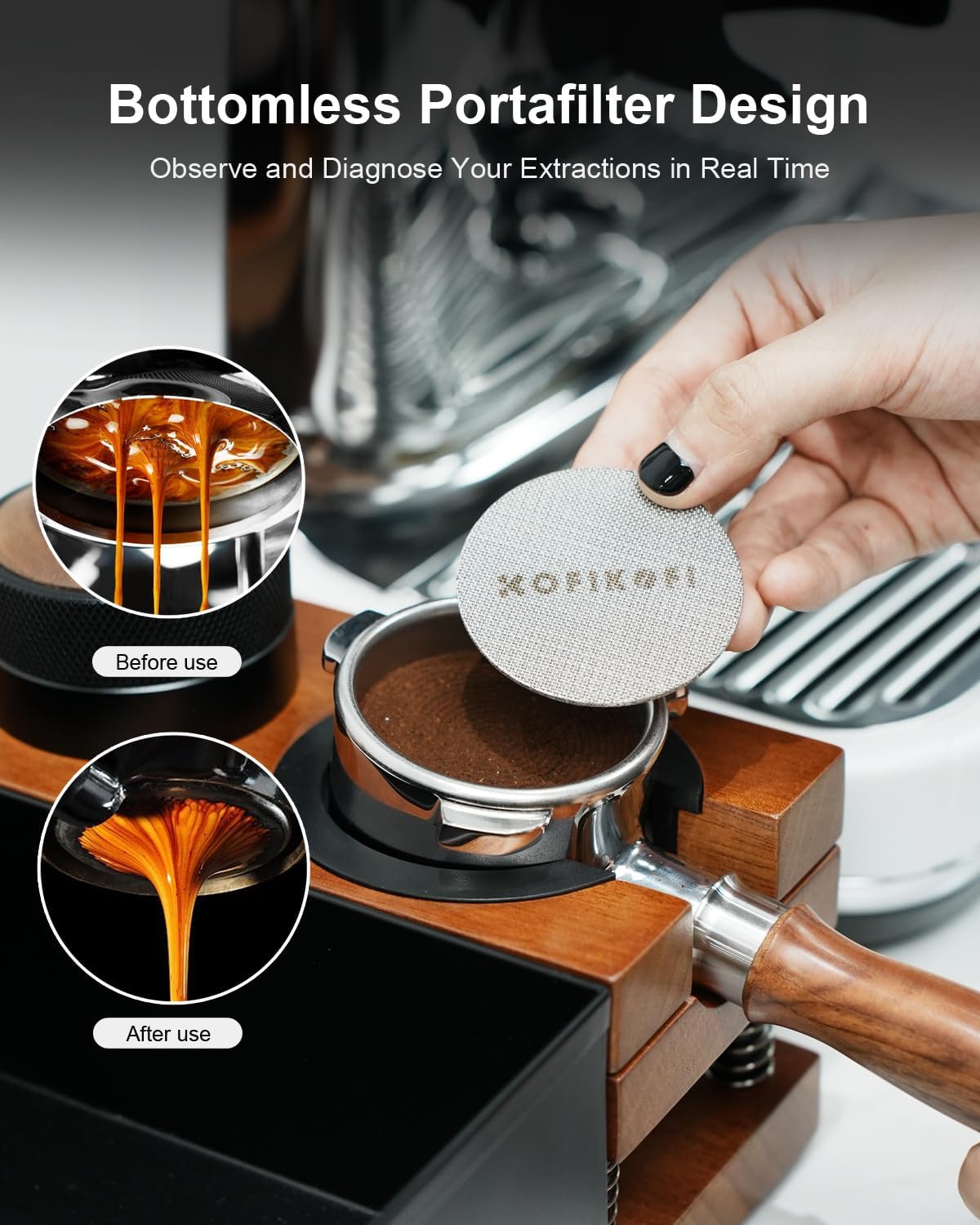58mm Bottomless Portafilter 2 Ears For E61, Flair 58, ECM, Rocket, Sanremo, Synesso, Slayer, VBM Espresso Machine, Bottomless Naked Portafilter with 18g Filter Basket and Puck Screen - Rosewood