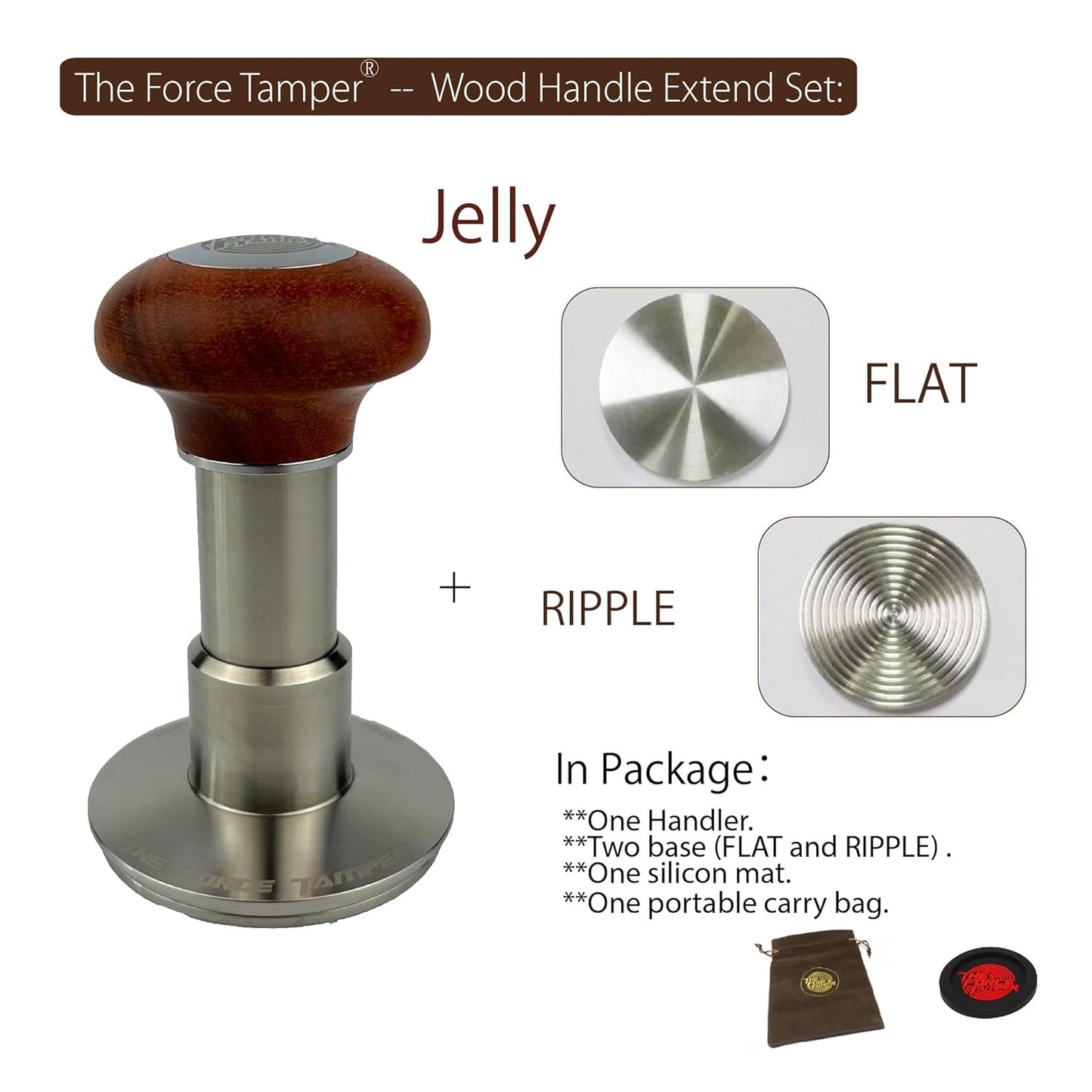 The Force Tamper Automatic Impact Adjustable Constant Pressure and Autoleveling Coffee Tamper Reddish Brown Jellyfish Wooden Handle Set Pro (Extend Set, 53.00mm)