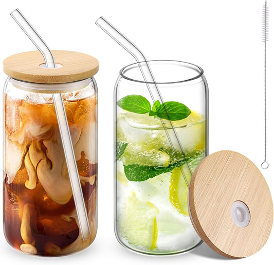 Glass Cups with Lid and Straw, 16oz Beer Glasses Glass Coffee Cups, Iced Coffee Cups with Lid, Glass Tumbler with Straw and Lid (2 PACK)