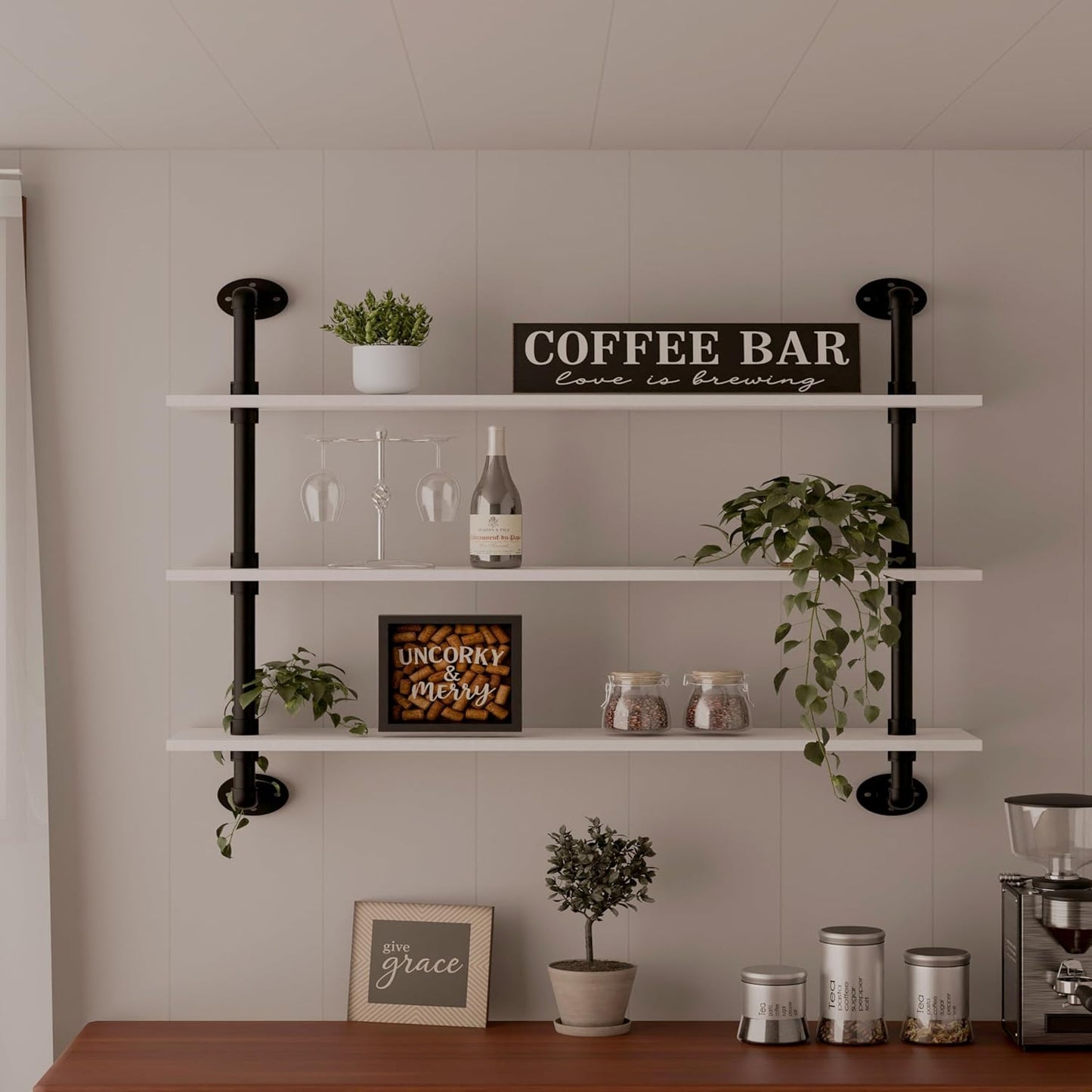 Floating Bookshel Industrial Pipe Shelving Pipe Shelves Rustic White Wall Shelves 36 Inch Farmhouse Book Shelves for Kitchen Bar,Bathroom Wall Mounted
