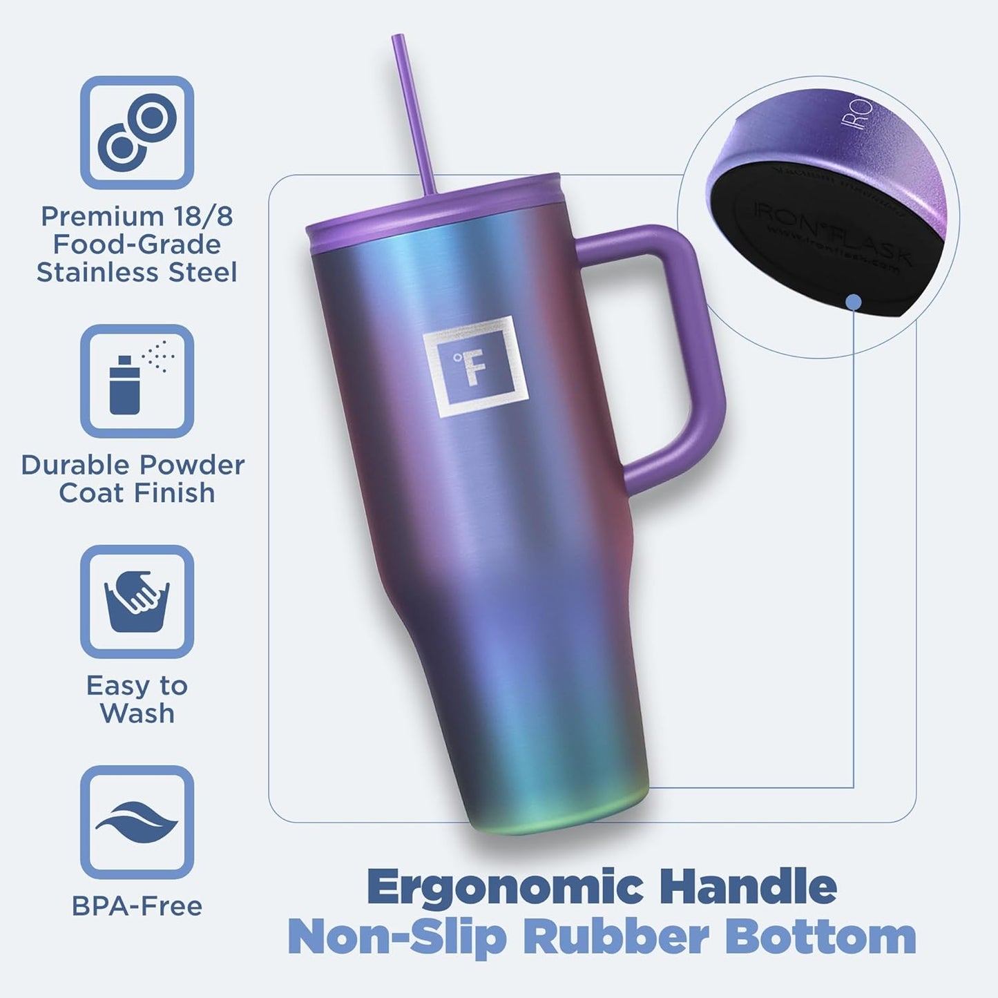 IRON °FLASK Co-Pilot Insulated Mug w/Straw & Flip Cap Lids - Cup Holder Bottle for Hot, Cold Drink - Leak-Proof - Water, Coffee Portable Travel Mug - Rose Gold, 32 Oz