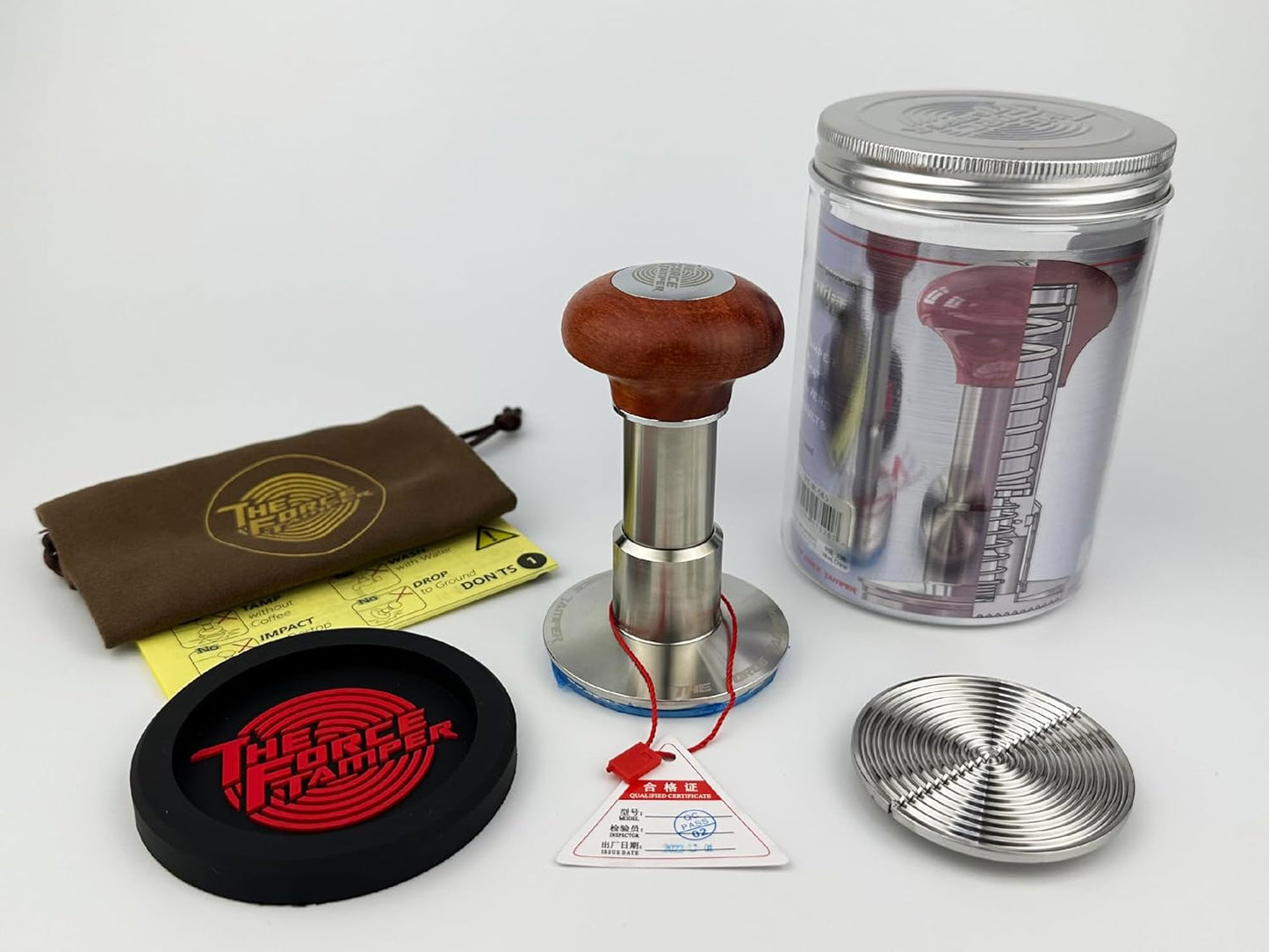 The Force Tamper Automatic Impact Adjustable Constant Pressure and Autoleveling Coffee Tamper Reddish Brown Jellyfish Wooden Handle Set Pro (Ripple-Distribute Set, 58.50mm)
