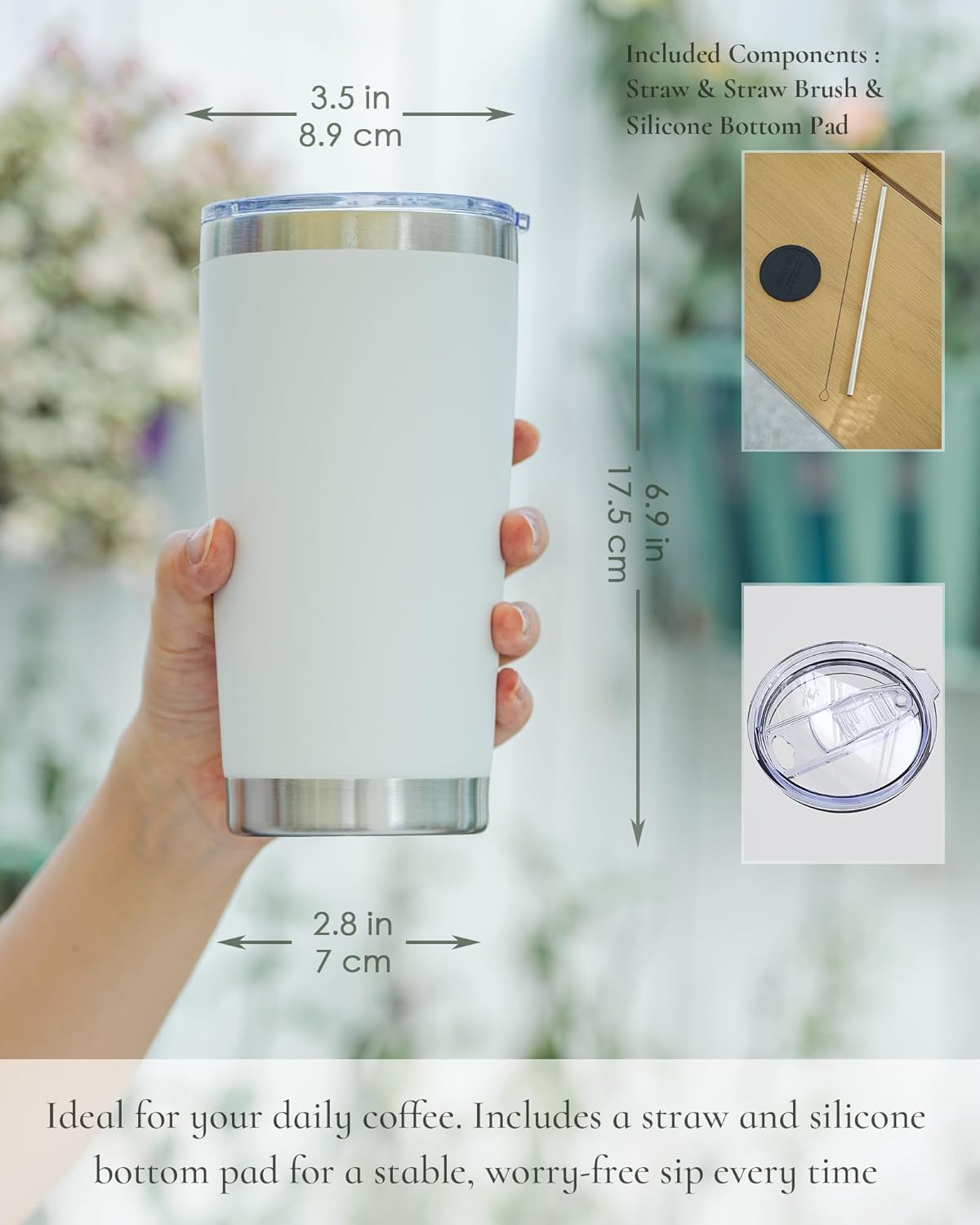 Travel Coffee Tumbler 20oz, 12 Pack Leakproof Travel Coffee Mug with Lid and Straw, Stainless Steel Double Wall Vacuum Insulated Tumbler for Hot/Iced Drinks (Textured Matte, White)