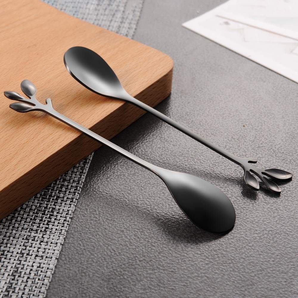 AnSaw 8-Pack Elegant Black Leaf 4.7" Espresso Spoons - Stainless Steel, Perfect for Coffee, Demitasse, Dessert & Tea, Mini Size for Small Servings