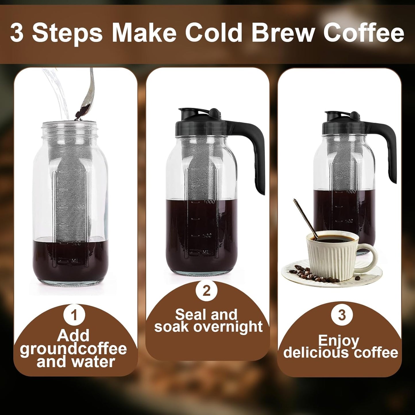 Cold Brew Coffee Maker Pitcher, 64 Oz Heavy Duty Glass Mason Jar Pitcher with V-shaped Pour Spout Handle Lid,Stainless Steel Filter for Iced Coffee,Iced tea,Fruit Drinks,lemonade - Black