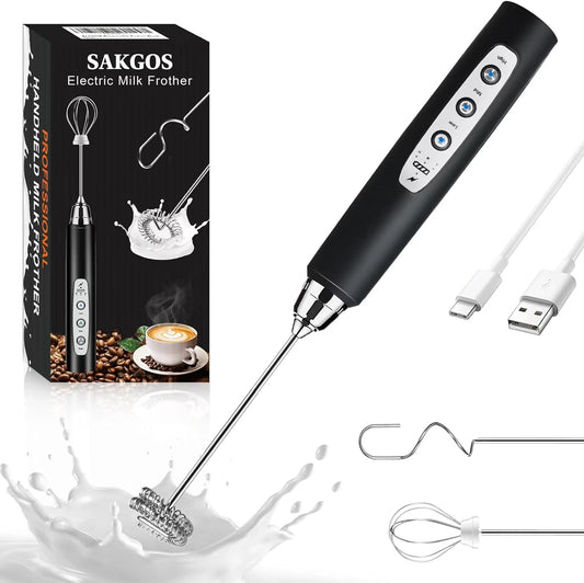 Milk Frother Rechargeable Handheld-Electric Whisk 3 Speed Adjustable, Frother Wand Coffee with 3 Stainless Whisks, Electric Foam Maker, Drink Mixer Blender for Latte Cappuccino Matcha Egg