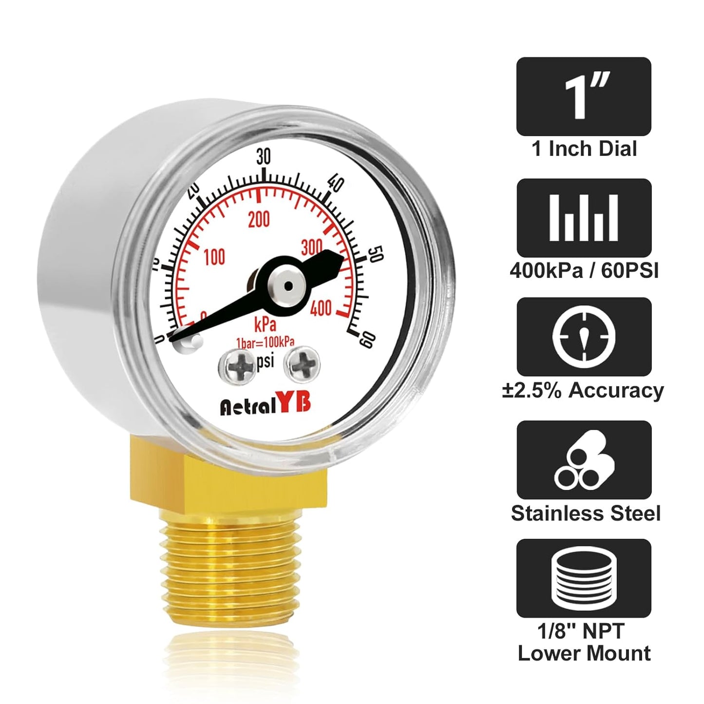 1-Inch Mini Pressure Gauge, 0-60 PSI / 0-400 kPa, Dual-Scale Dial, 1/8” NPT Bottom Mount, Stainless Steel Gauge for Coffee Machines, Motorboats, Water Pumps, and Pneumatic Tools