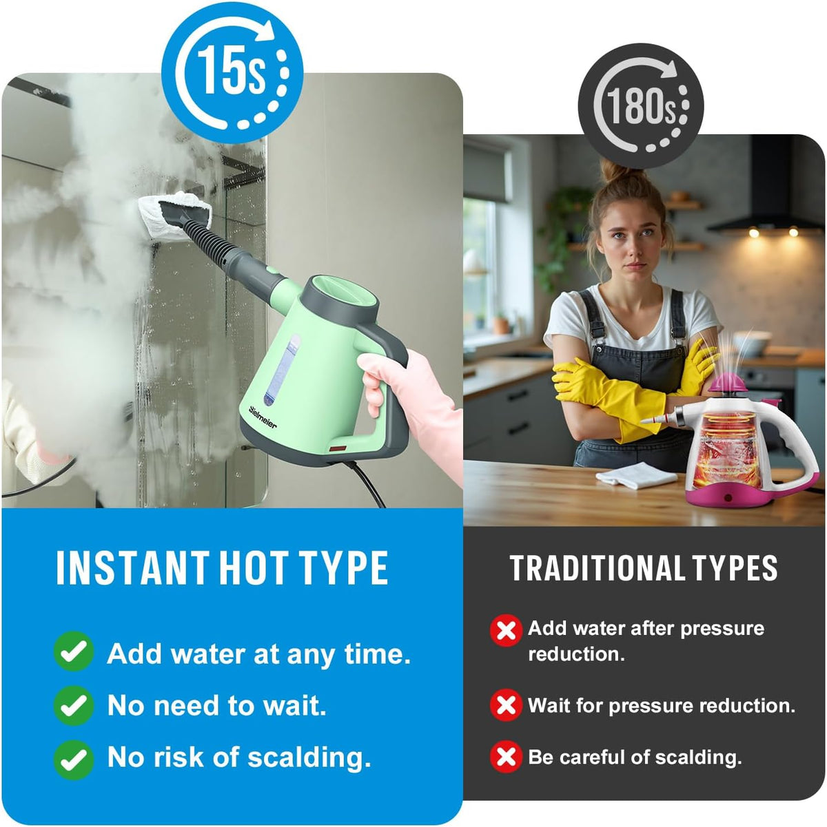 Handheld Pressurized Steam Cleaner - 15s Quick Start, Multi-Functional for Home, Kitchen, Bathroom, 8 Attachments, Chemical-Free, Safe & Efficient Cleaning Solution