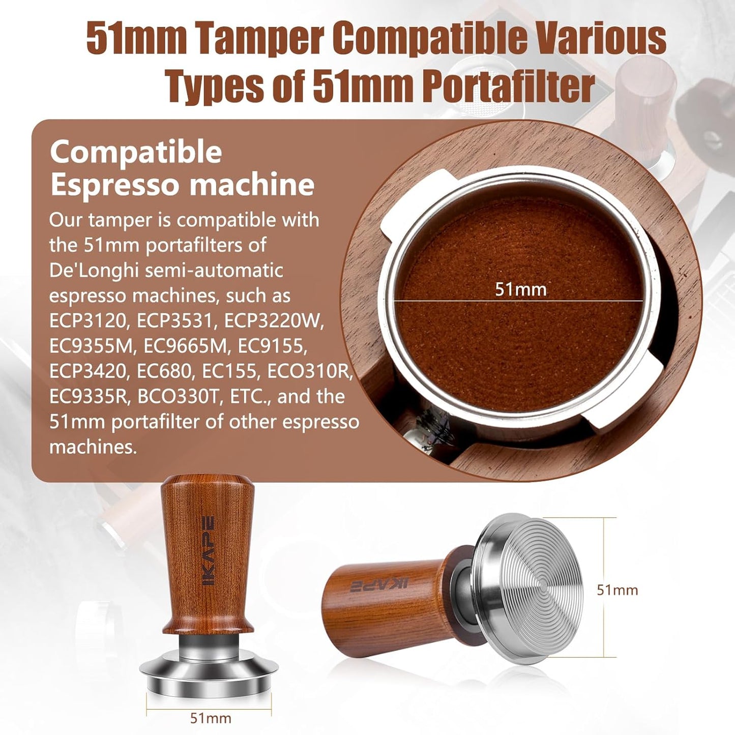 IKAPE 51mm Espresso Coffee Tamper, Spring-loaded Calibrated Tamper with Premium Stainless Steel, Newly Upgraded Walnut Tamper Compatible with All 51mm Espresso Machine Bottomless Portafilter