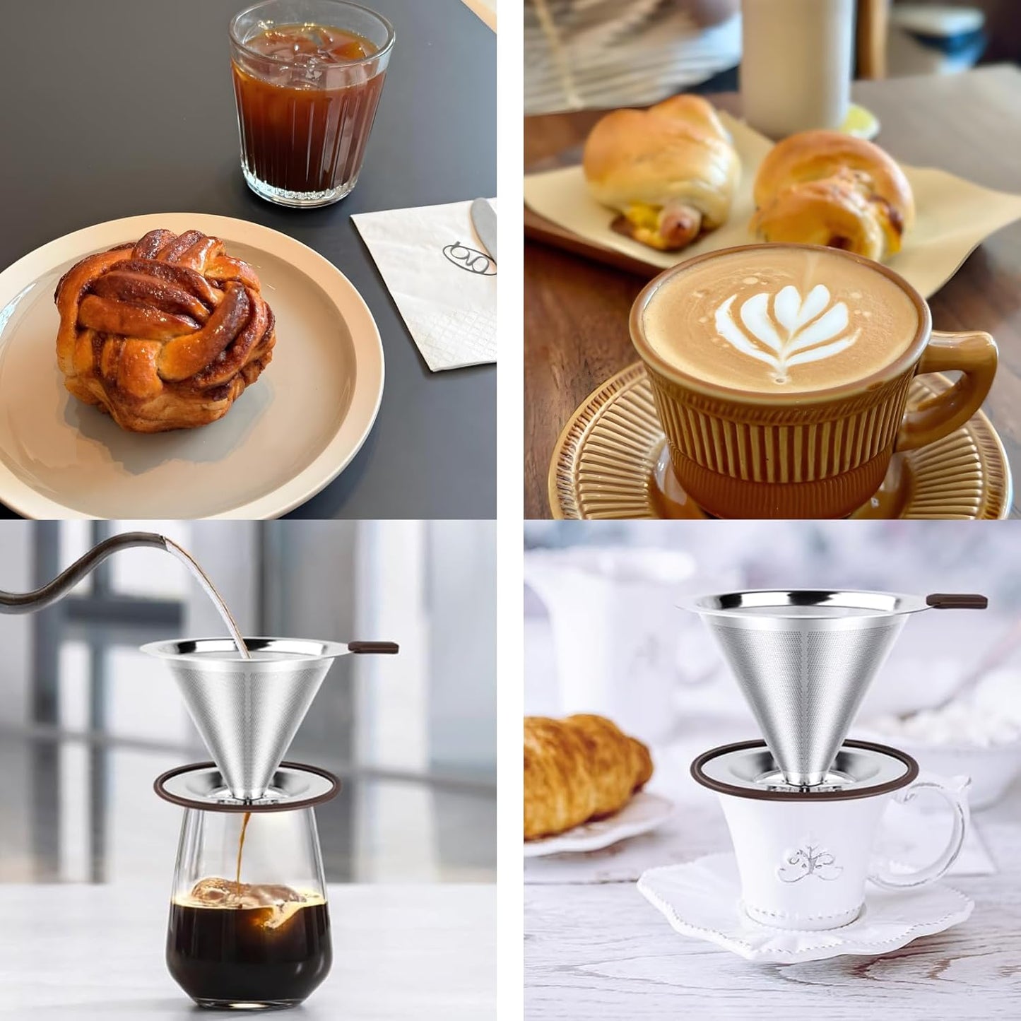 Reusable Paperless Coffee Filter V60,Coffee Dripper,Professional Stainless Steel Drip Cone Brew Coffee Strainer,Double Micro Mesh Filter,Coffee Filter Mug,Silicone Handle & Non-Slip Silicone Base (S)