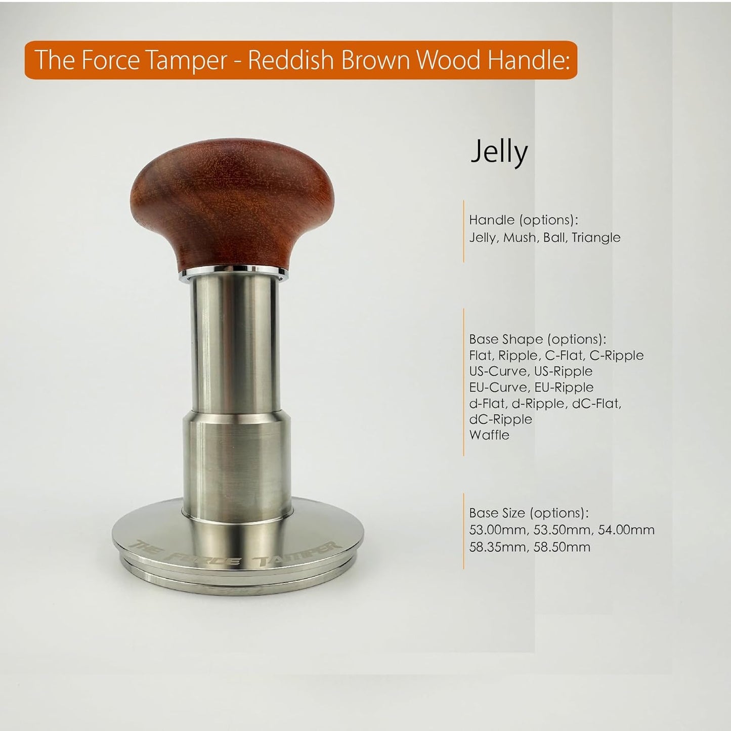 The Force Tamper Automatic Impact Adjustable Constant Pressure and Autoleveling Coffee Tamper Reddish Brown Jellyfish Wooden Handle Set Pro (Duo-Distribute Set, 53.00mm)