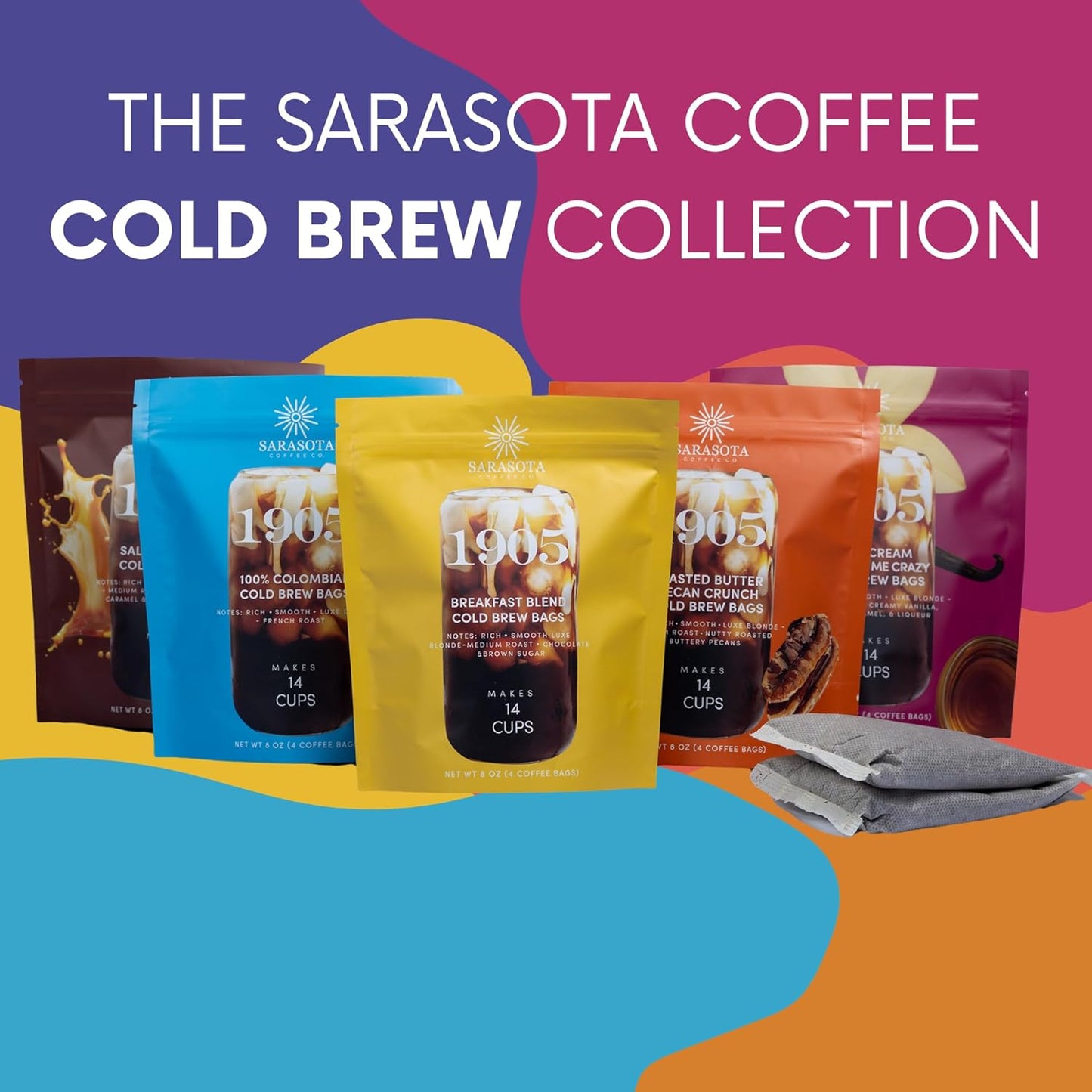 Sarasota Coffee 1905 Cold Brew Coffee Bags | 100% Colombian Dark French Roast | Rich & Smooth | Low Acid Ground Filter Packs | Cold Brew Kit Makes 14 Cups | Bold Luxe Roast Flavor