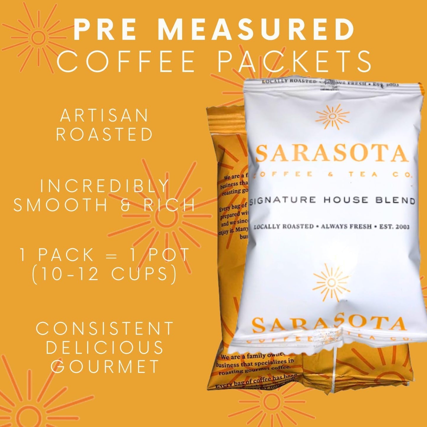 Sarasota Coffee Ground Packets | Gourmet Medium Roast Bulk Coffee Packs | Breakfast Blend | Low Acid Mold Free Singles Individual Pouches for 12 Cup Coffee Maker | 1.5 Ounce Bags, 42 Count