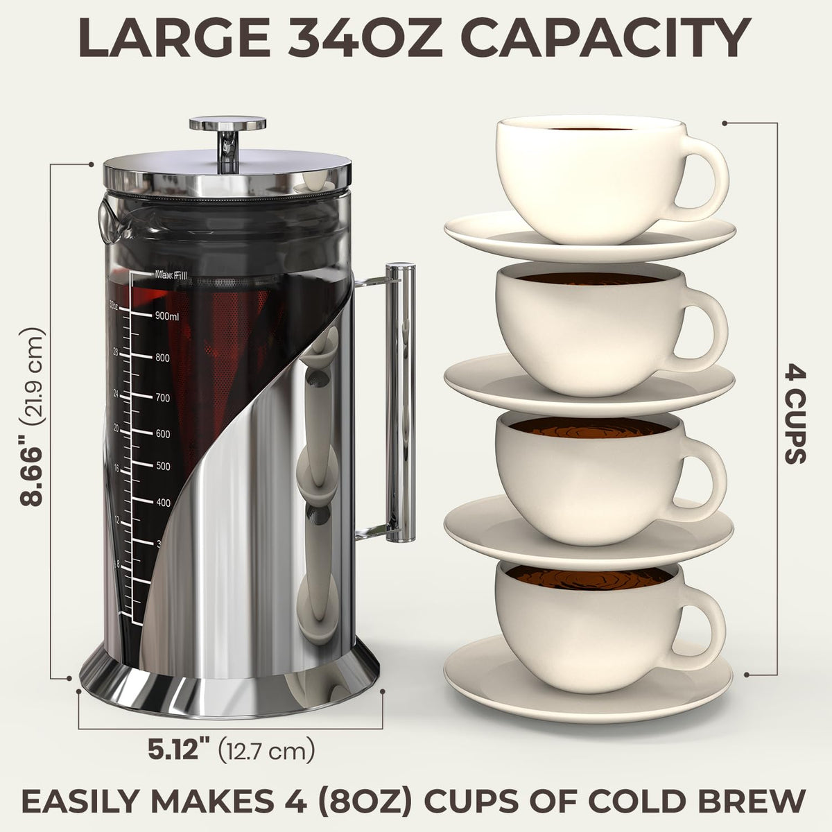 Cafe Du Chateau Stainless Steel French Press Coffee Maker - 34oz Insulated Coffee Press with 4-Level Filtration, BPA Free, Durable Glass, Great for Tea