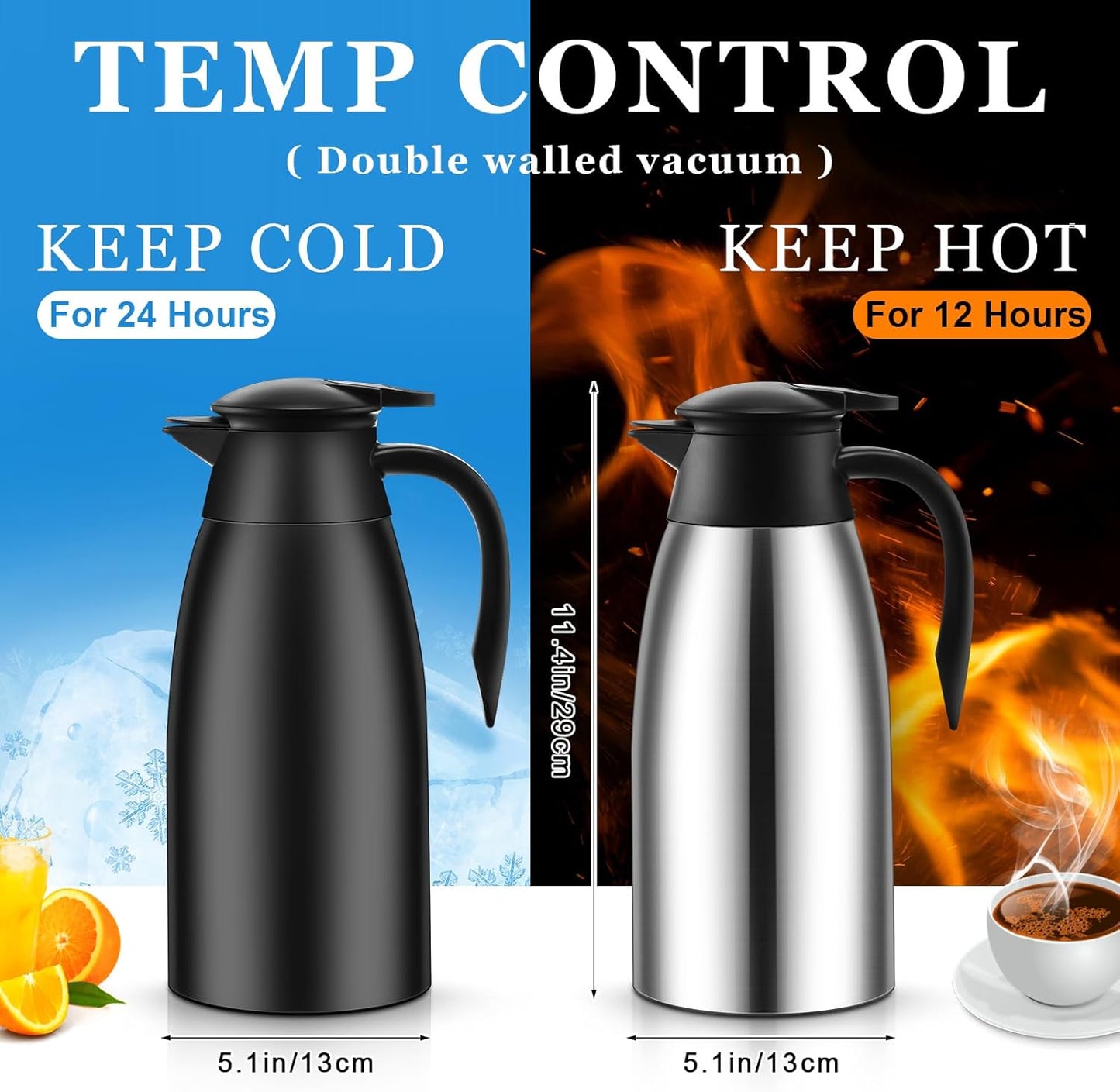 Norme 2 Pcs Thermal Coffee Carafe Insulated Stainless Steel Coffee Carafe for Hot Liquid Vacuum Thermal Pot Creamer Pitcher Dispenser with Brushes Keeping Hot Water Milk(Black, Silver,68 oz)