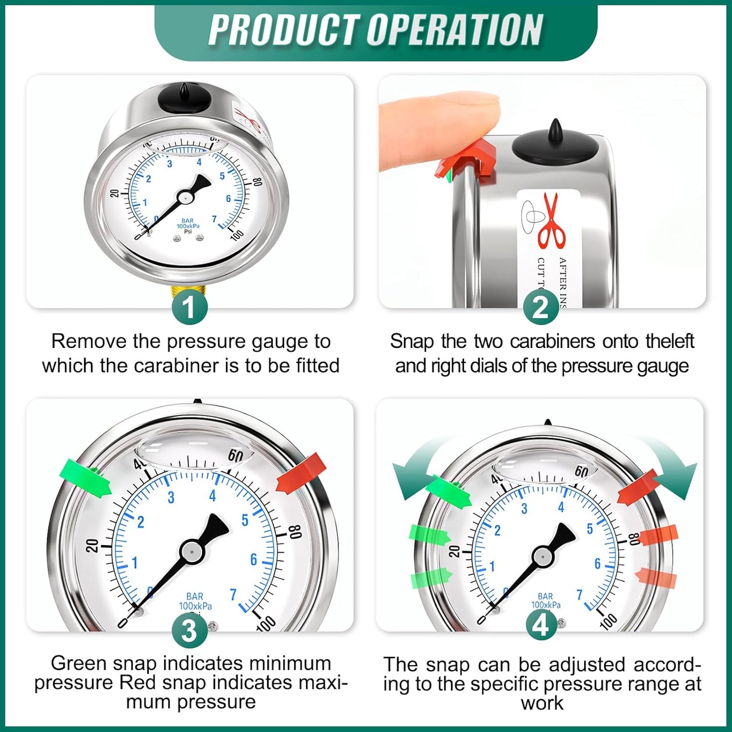 0-100psi Stainless Steel 1/4" NPT 2.5" Dial, Glycerin Liquid Filled Pressure Gauge Lower Mount for Pressure Testing of Water, Oil and Air (with Range Mark Pointer)
