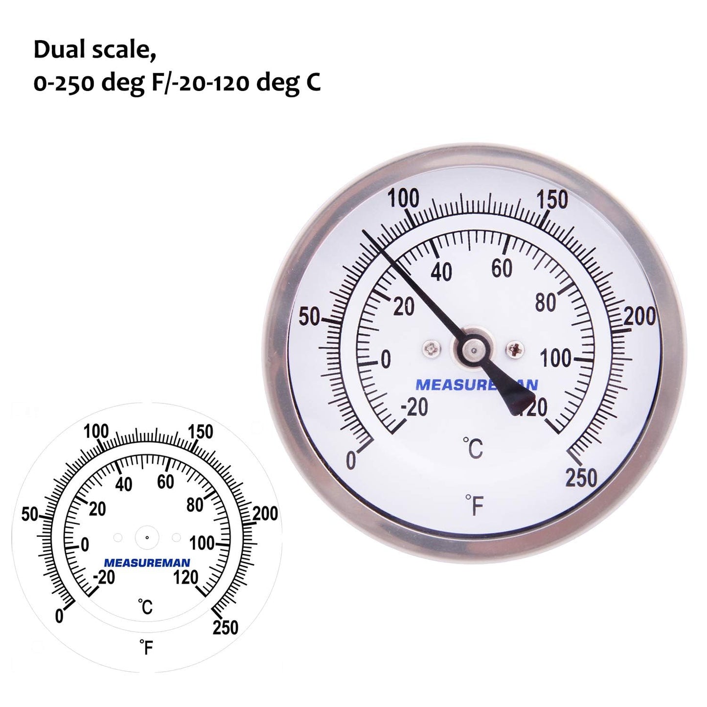 MEASUREMAN Fully Stainless Steel Pot, Kettle, Brewing Bimetal Thermometer, 3" Dial, 2-1/2" Stem, 0-250 deg F/-20-120 deg C, -1% Accuracy, Adjustable, 1/2" NPT Back Mount （2 Pack）