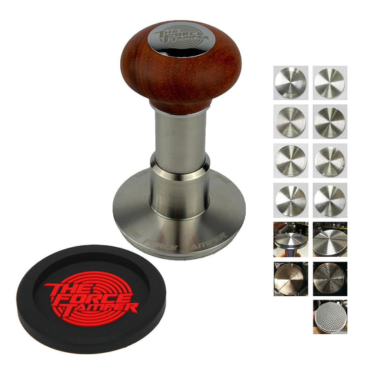 The Force Tamper Automatic Impact Adjustable Constant Pressure and Autoleveling Coffee Tamper Reddish Brown Jellyfish Wooden Handle Set Pro (Full-Set, 58.35mm)