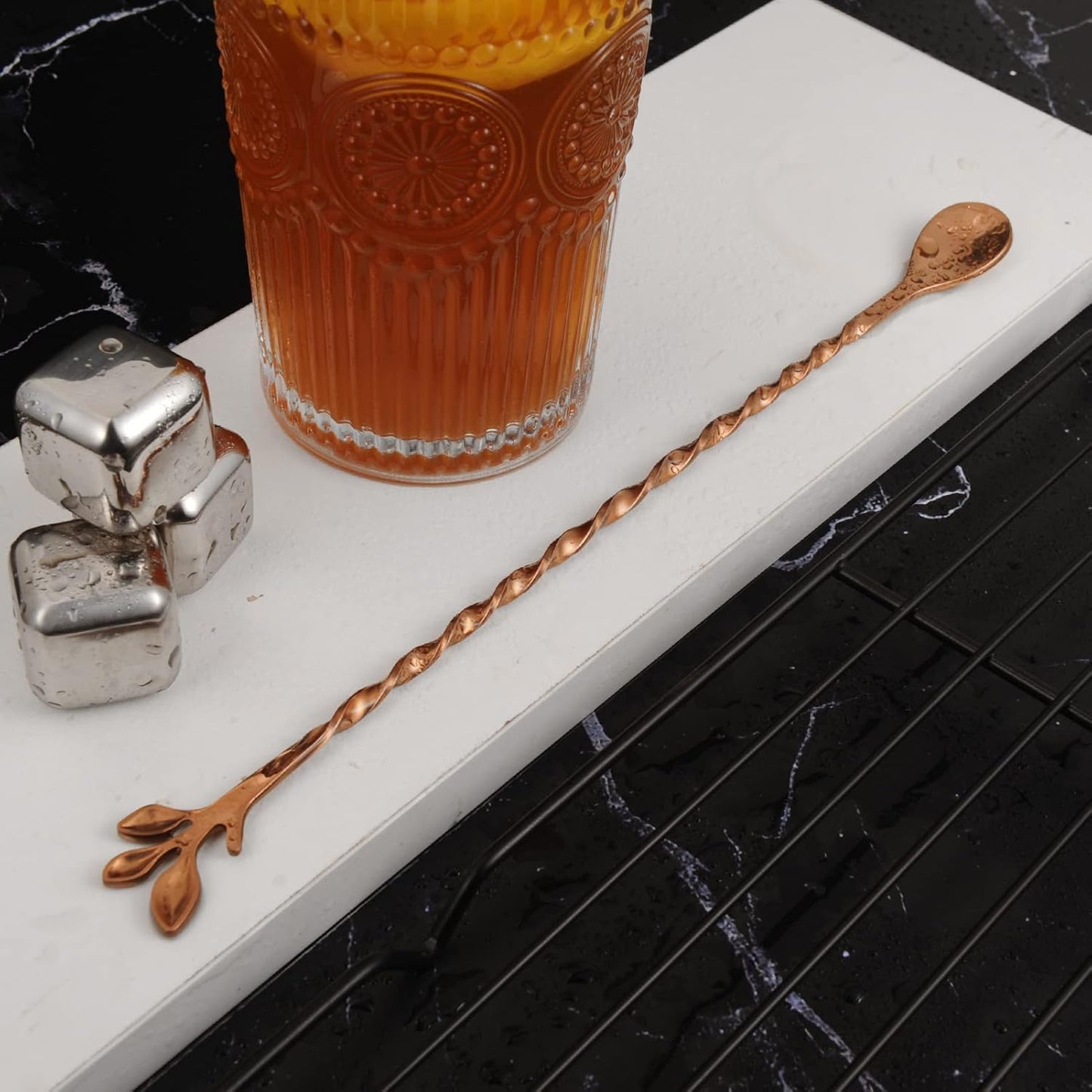 AnSaw Rose Gold 10-Inch Stainless Steel Cocktail Spoon with Leaf Handle - Perfect for Mixing & Layering Drinks in Tall Cups, Bar & Shakers - Durable Long Handle Bar Stirrer,1-Pieces