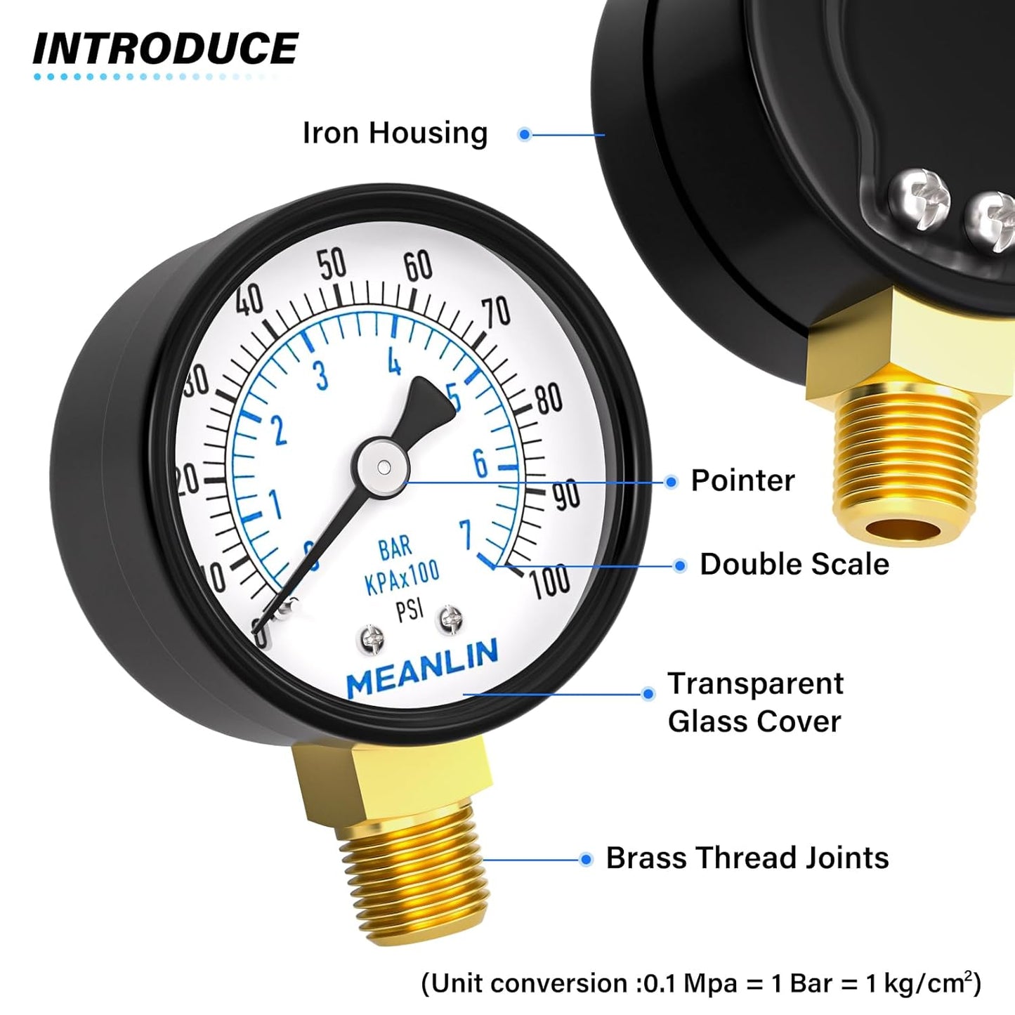 MEANLIN MEASURE 0-100Psi 2" DIAL FACE 1/4" NPT Well Pump Pressure Gauge, with 1/2" NPT and 3/8" NPT Hex Bushing, 3-2-3% Accuracy, Lower Mount (Pack of 2)