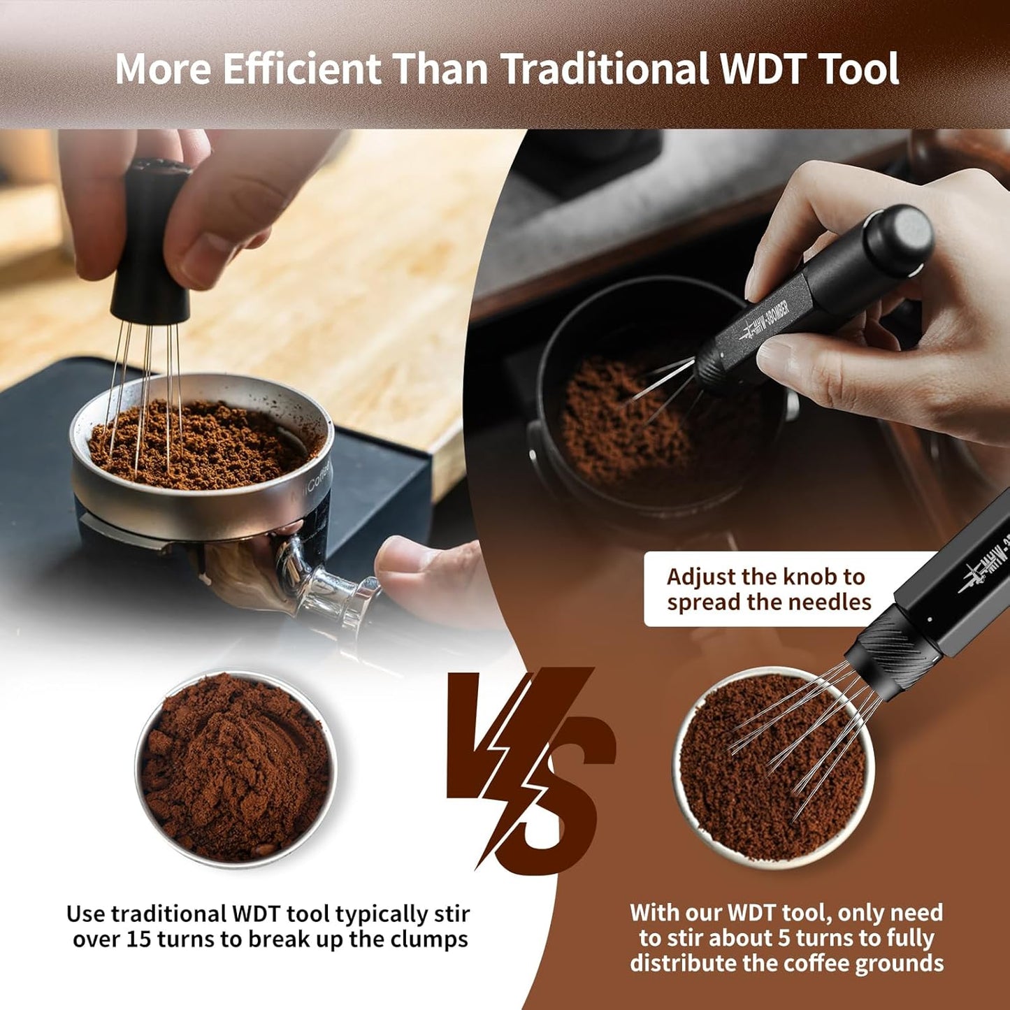 MHW-3BOMBER Retractable WDT Tool Espresso Distribution Tool with Magnetic Store, Adjustable Range Coffee Stirrer Tool for Barista, 0.4mm 8 Stainless Steel Needles with 8 Extra, Silver, T6189S-OS