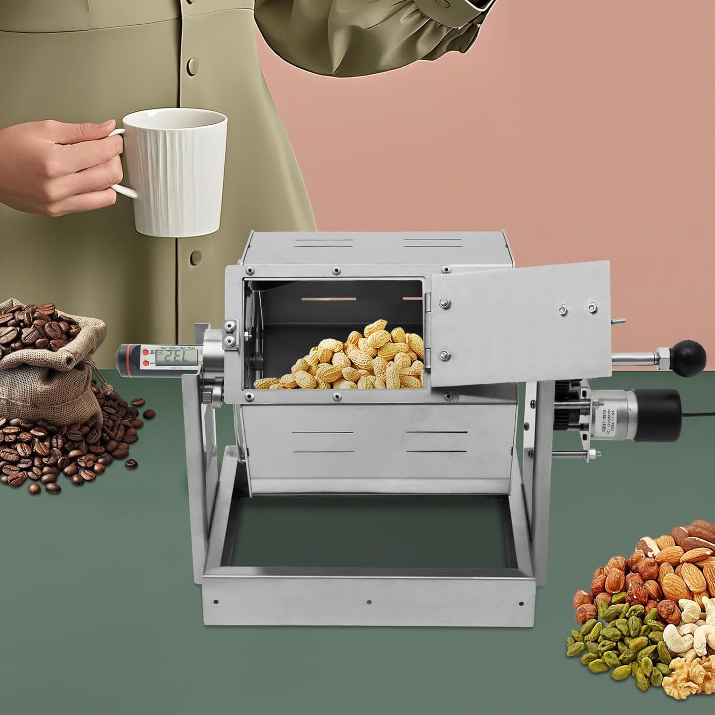 0.66-2.65LBS Automatic Coffee Roaster for Home Use, Stainless Steel Electric Coffee Bean Roaster Machine with Glass Window+Thermometer, Drum Style Nuts Peanuts Roaster Silver