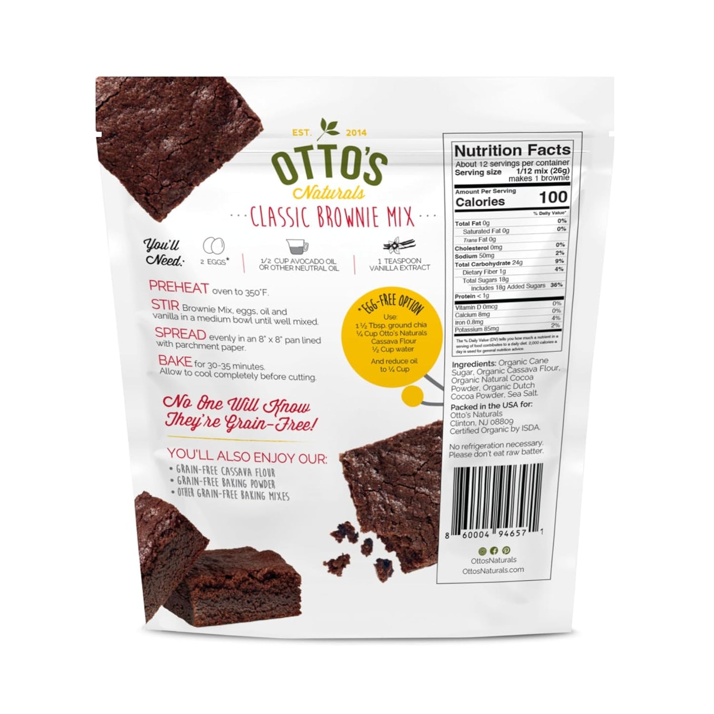 Otto's Naturals Grain-Free Classic Brownie Mix, 11.1 Oz., Top 9 Allergen-Free, Organic Cassava Flour, Gluten Free, Non-GMO, Vegan, Plant-Based