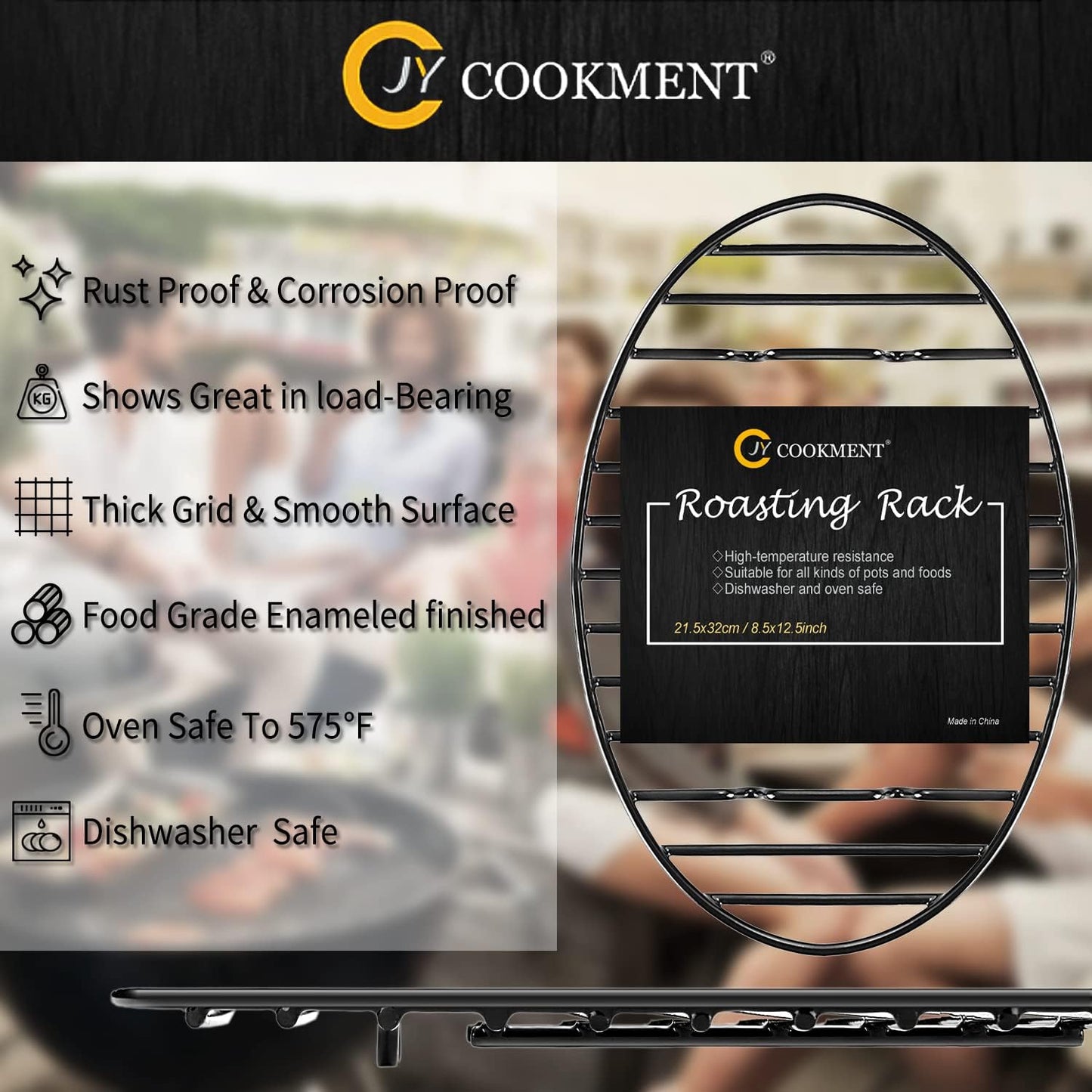 JY COOKMENT Roasting Rack with Integrated Feet, Cooling Drying Rack With Enameled Coating, PTFE Free, Great for Cooking, Roasting, Drying, Grilling, Dishwasher Safe (12.5"x8.5")