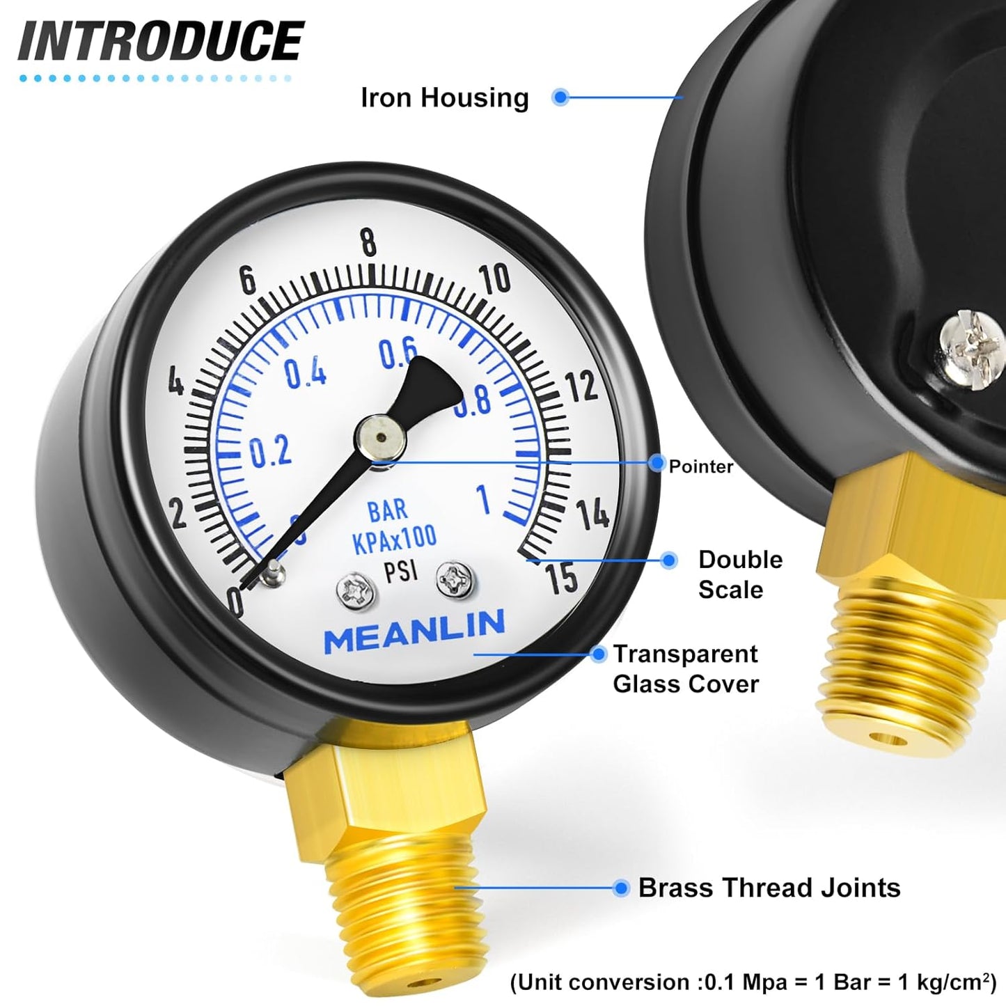 MEANLIN MEASURE 0-15Psi 2" DIAL FACE 1/4" NPT Well Pump Pressure Gauge, with 1/2" NPT and 3/8" NPT Hex Bushing, 3-2-3% Accuracy, Lower Mount