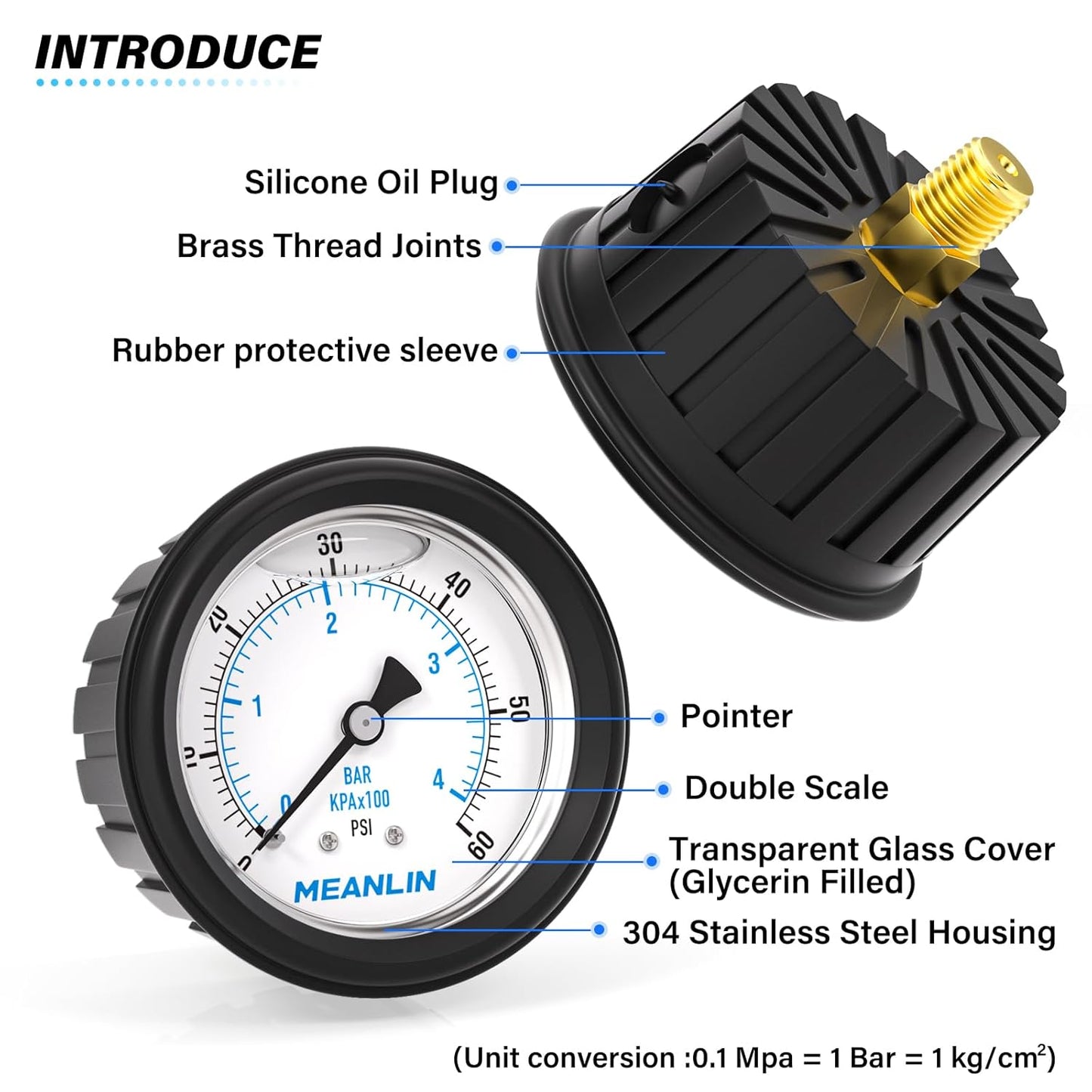 MEANLIN MEASURE 0~60Psi Stainless Steel 1/4" NPT 2.5" FACE DIAL Liquid Filled Pressure Gauge, Center Back Mount (with Rubber Protective Sleeve), with 1/2" NPT and 3/8" NPT Hex Bushing