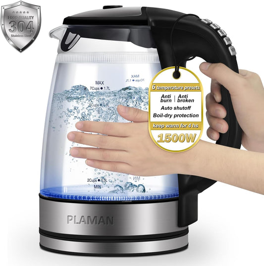 1500W Electric Kettle with Temperature Control - 6-Temp Presets for Tea/Coffee, Double Wall Cool-Touch, 4H Keep Warm, 1.7L Borosilicate Glass & BPA-Free, Fast Boil for Home/Office