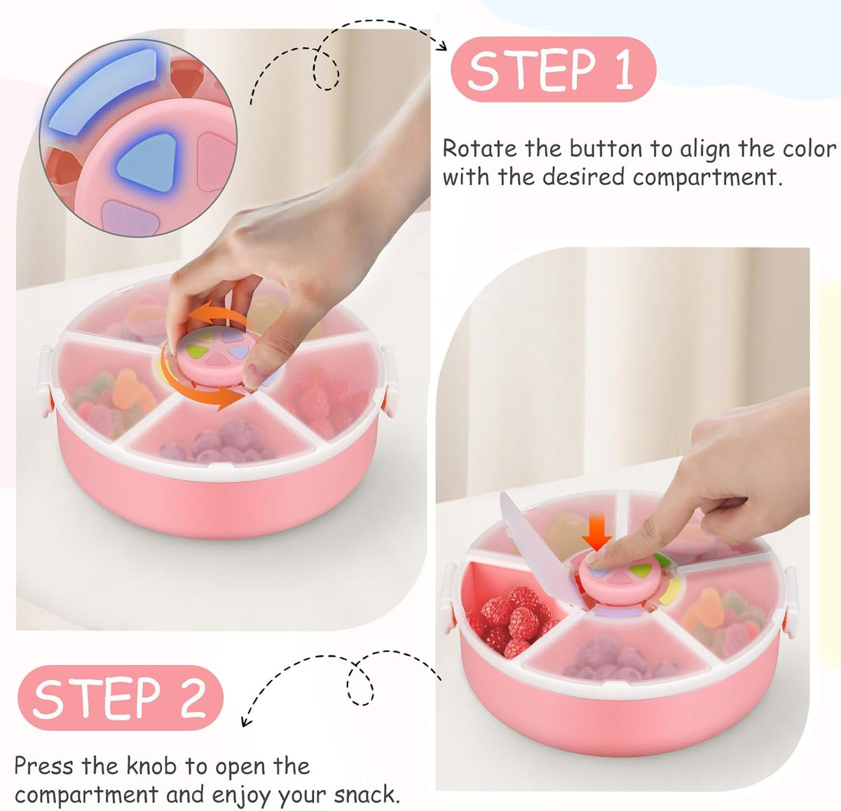 Kids Reusable Rotating Snack Container with 5 Separate Compartments, Color Matching Opening Lid, BPA/PVC-Free, Dishwasher Safe, Perfect for Travel, School Lunches & On-the-Go Snacking-Pink