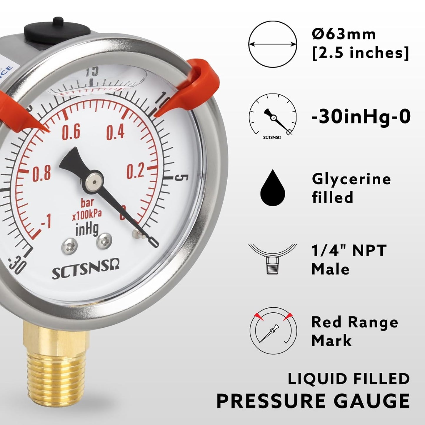'-30 inHg to 0 Vacuum Pressure Gauge, Glycerin Liquid Filled, 2.5 inch Dial, 1/4" NPT Lower Mount, Stainless Steel Case, for Air Conditioning Line, Tank, Air Pump, HVAC, Pipe, Pressure Test