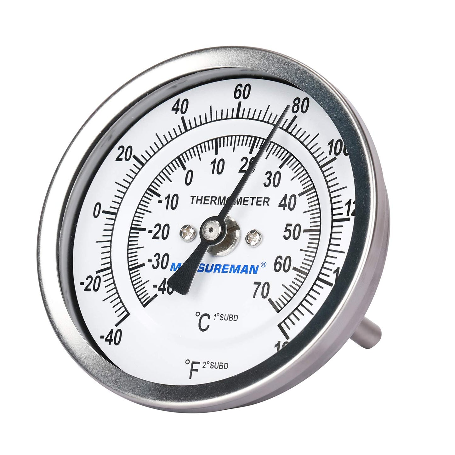 MEASUREMAN Fully Stainless Steel Pot, Kettle, Brewing Bimetal Dial Thermometer, 3" Dial, 2-1/2" Stem, -40-160 deg F/-40-70 deg C, -1% Accuracy, Adjustable, 1/2" NPT Back Mount