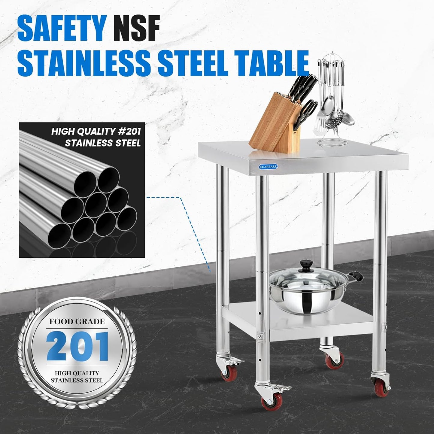 Stainless Steel Table for Prep & Work with 4 Caster Wheels with Undershelf 18 x 24 NSF Metal Commercial Kitchen Prep Table with Adjustable Under Shelf Worktable for Restaurant Home Outdoor