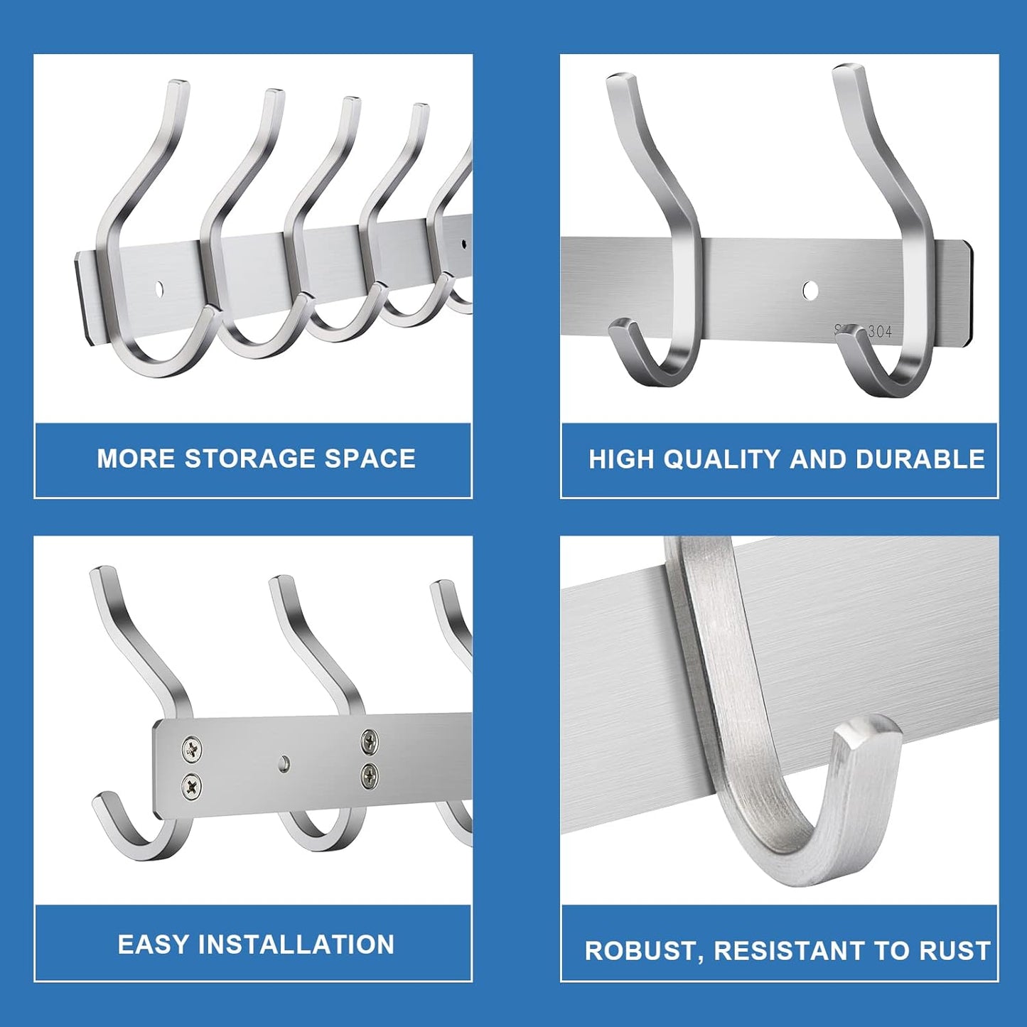 Wall Hooks Heavy Duty, 17 Inch Coat Rack Wall Mount with 6 Hooks,Silver Wall Hooks Hangers for Entryway, Bathroom - for Hanging Backpack, Bag, Coat, Purse, Hat, Towel, Clothes,2 Packs