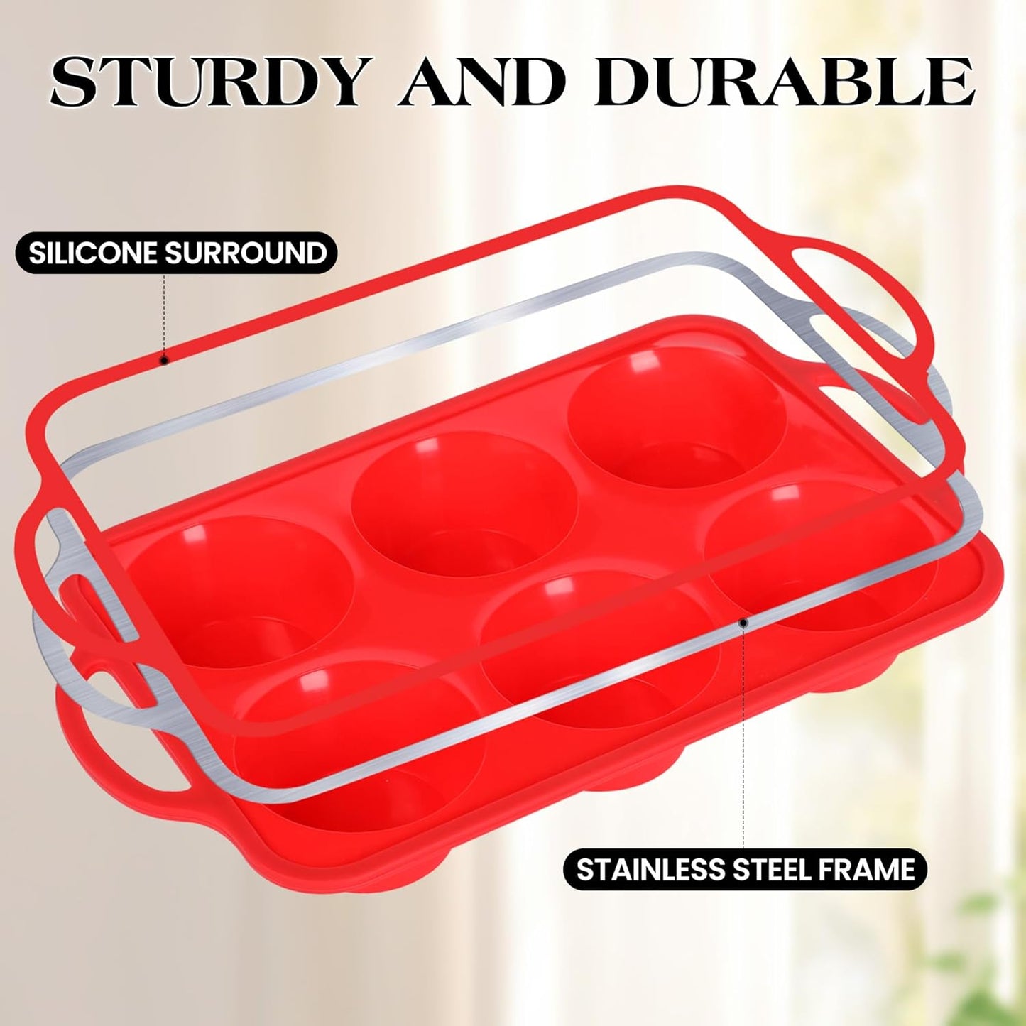 2 Pcs Jumbo Muffin Pan with Metal Frame, Nonstick 6 Cup Extra Large Cupcake Pan for Baking, Silicone Deep Muffin Tray for Egg Bites (Red)