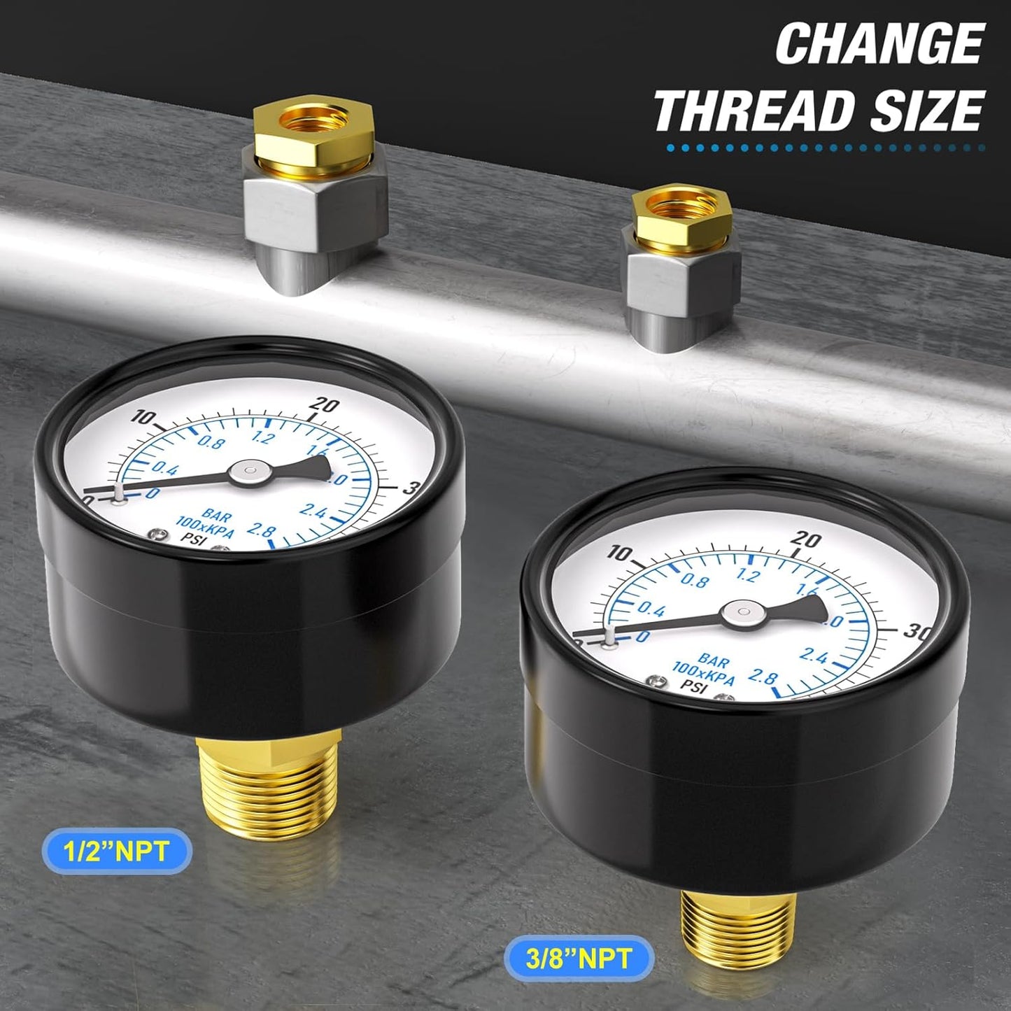 MEANLIN MEASURE 0-40Psi 2" DIAL FACE 1/4" NPT Well Pump Pressure Gauge, with 1/2" NPT and 3/8" NPT Hex Bushing, 3-2-3% Accuracy, Center Back Mount