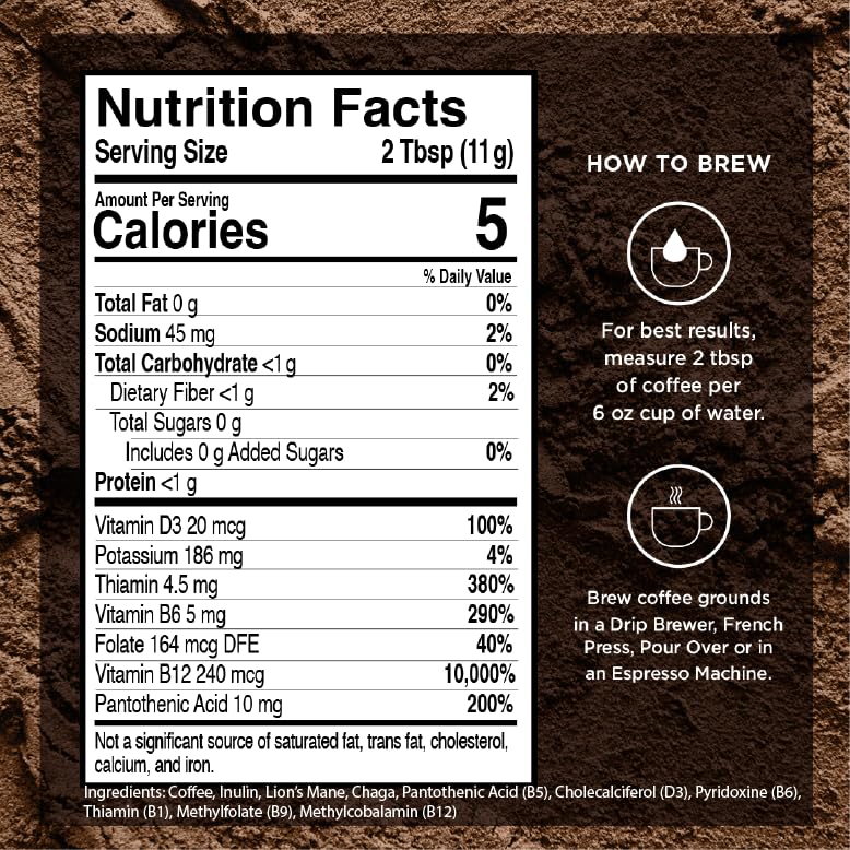 VitaCup Focus Mushroom Coffee Grounds, with Lions Mane, Chaga, B Vitamins, D3, Boost Focus, Immunity, Memory & Clarity, Medium Dark Roast, Bold & Smooth 100% Arabica Specialty, 6 bags, 10oz each