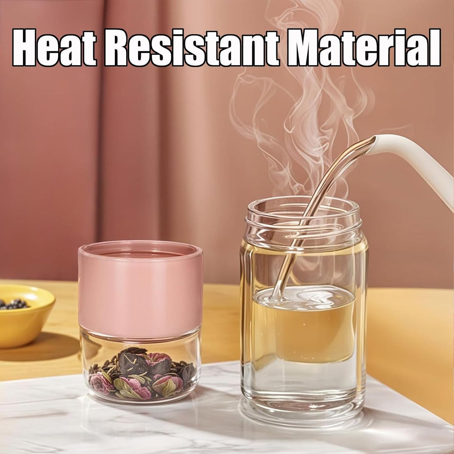 Tryteava Glass Infuser, Tryteava 3-in-1 Smart Tea Infuser, Portable Glass Double Wall Tea Infusers Bottle, with Stainless Steel Filter, Hot & Cold Brew, For Loose Leaf, Office Home (Pink, 280ml)