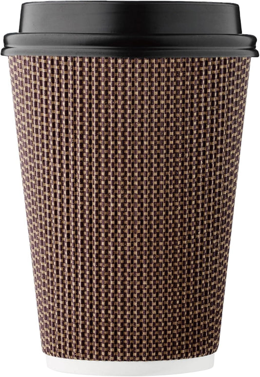[100 SET]Harvest Pack 12 oz Disposable Coffee Cups, Insulated Ripple Double-Walled Paper Cups with Lids, Brown Geometric, Leak-Proof Drinking Cups for Tea Hot Chocolate Drinks To go coffee cups