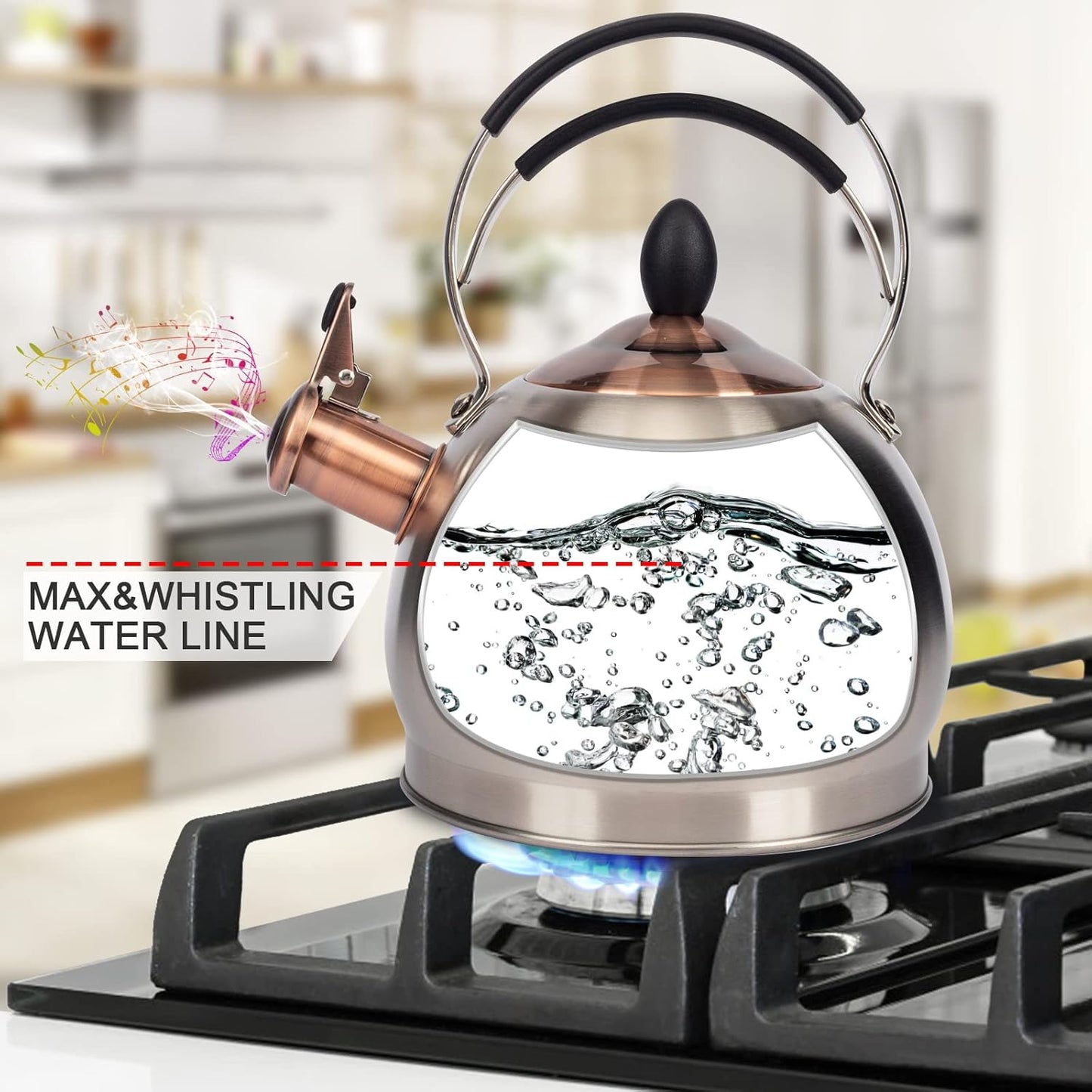 Whistling Tea Kettle Stainless Steel Teapot, Teakettle for Stovetop Induction Stove Top, Fast Boiling Heat Water Tea Pot 2.6 Quart