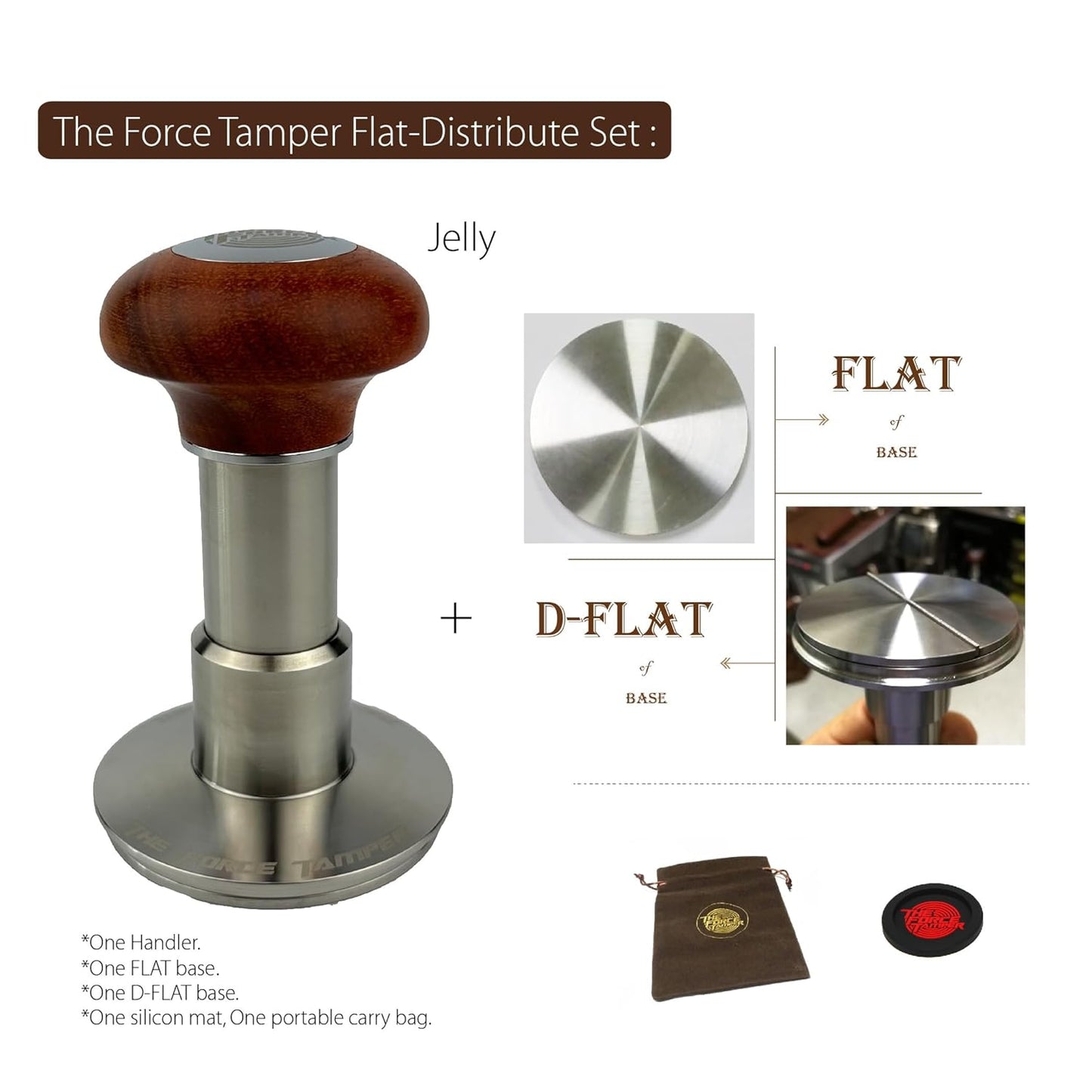 The Force Tamper Automatic Impact Adjustable Constant Pressure and Autoleveling Coffee Tamper Reddish Brown Jellyfish Wooden Handle Set Pro (Flat-Distribute Set, 53.50mm)