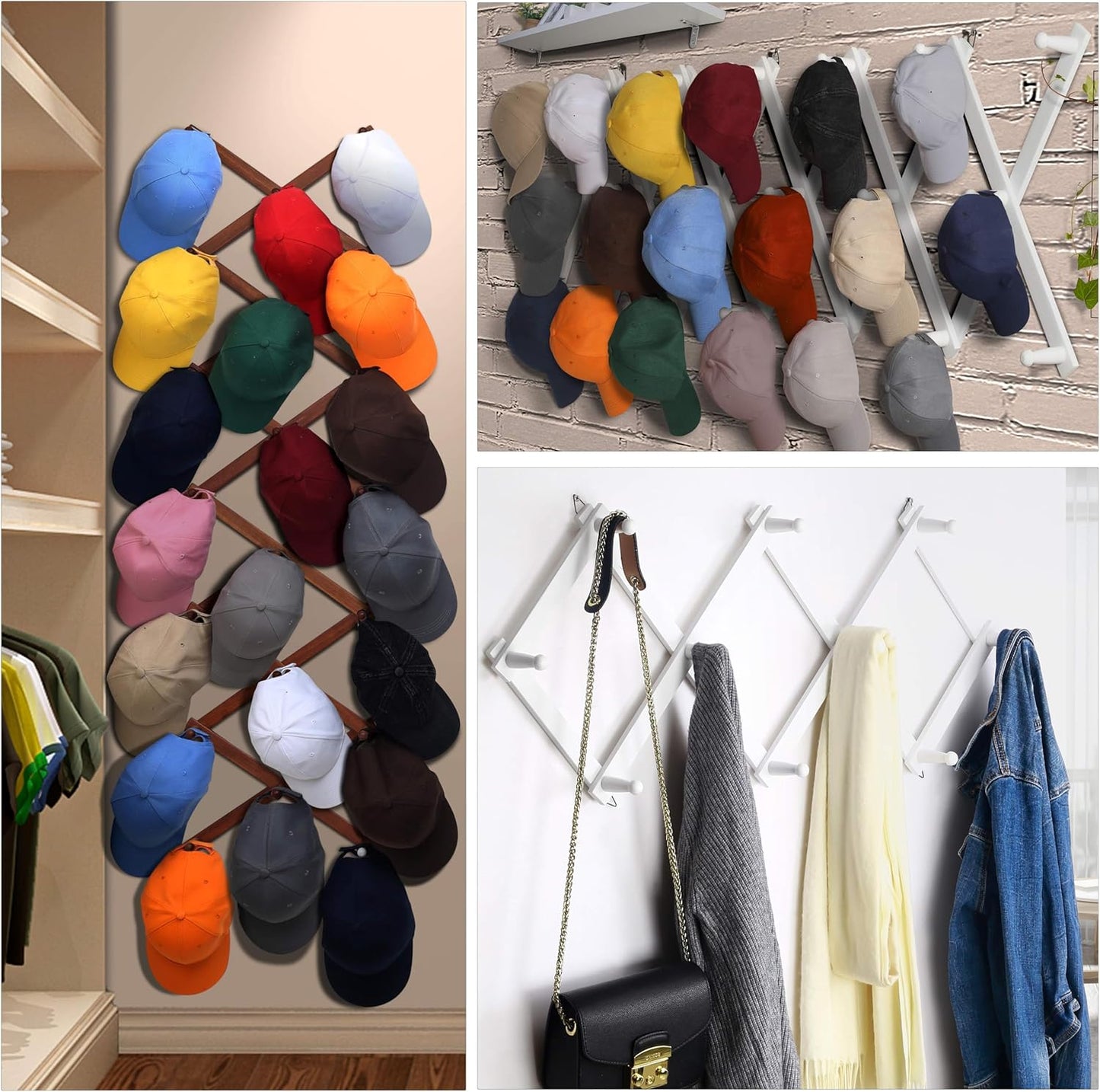Dseap Accordian Wall Hanger: 16” High Wooden Wall Expandable Coat Rack, Hat Rack Holder, Accordion Hook for Baseball Caps, Coats, Mugs, 17 Peg Hooks, Natural